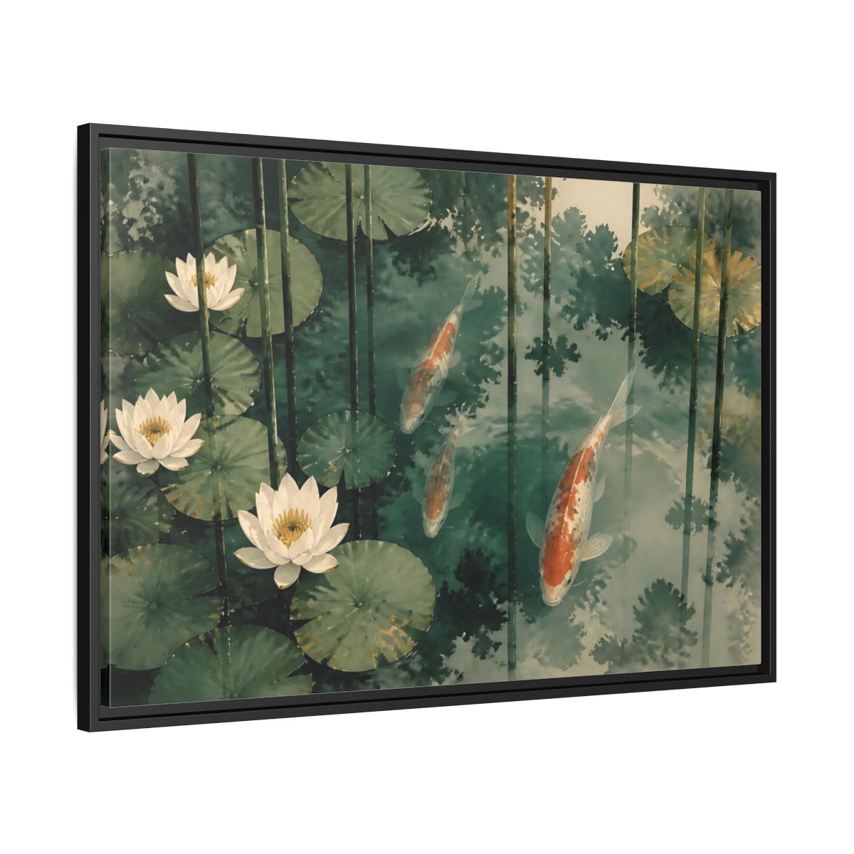 Side Mockup 13. Koi And Lotus Pond shown as framed canvas print