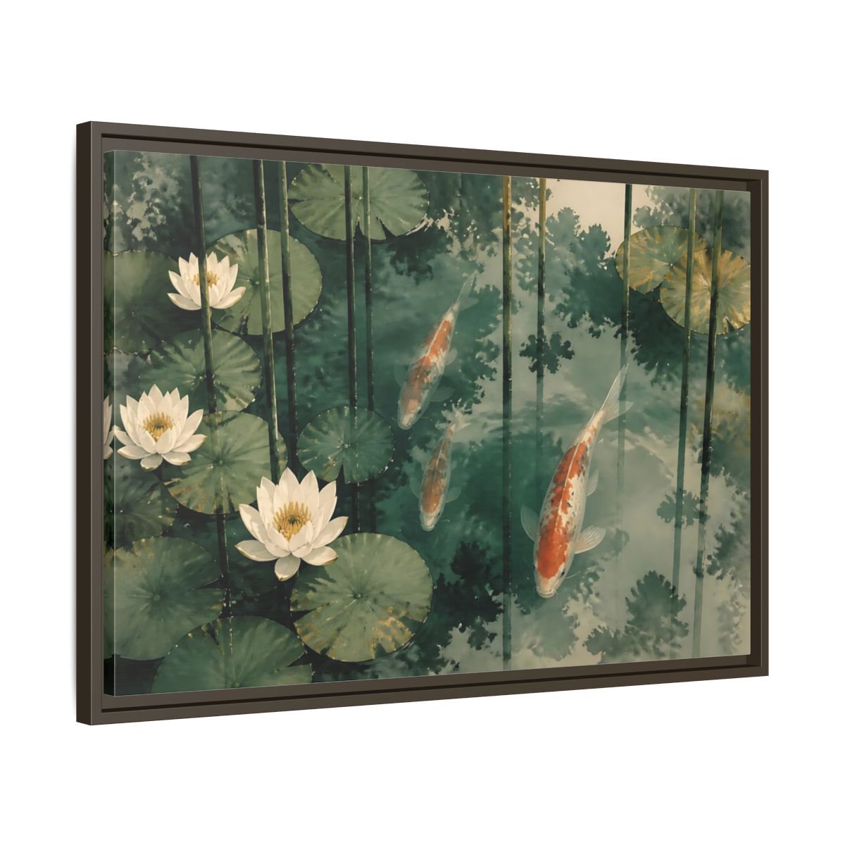 Side Mockup 11. Koi And Lotus Pond shown as framed canvas print