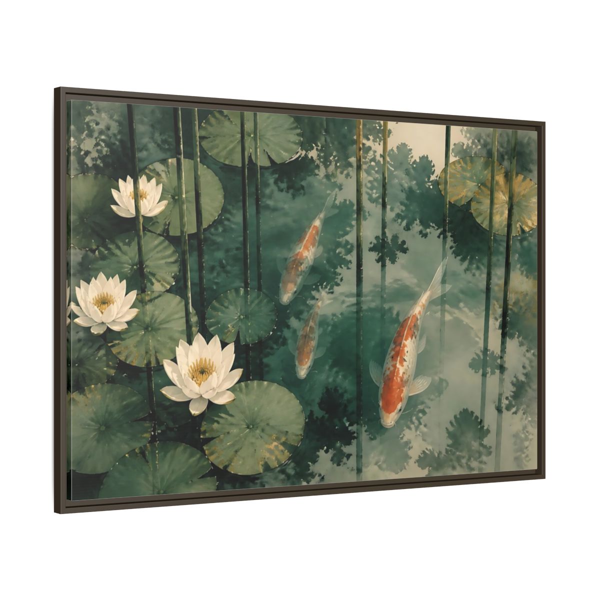 Side Mockup 8. Koi And Lotus Pond shown as framed canvas print