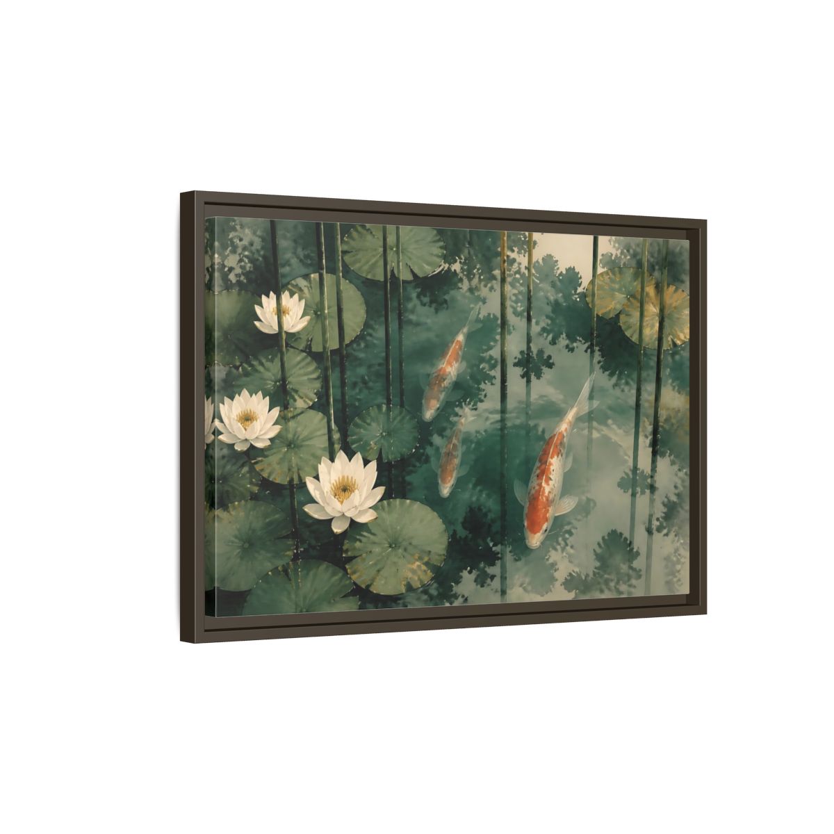Side Mockup 2. Koi And Lotus Pond shown as framed canvas print