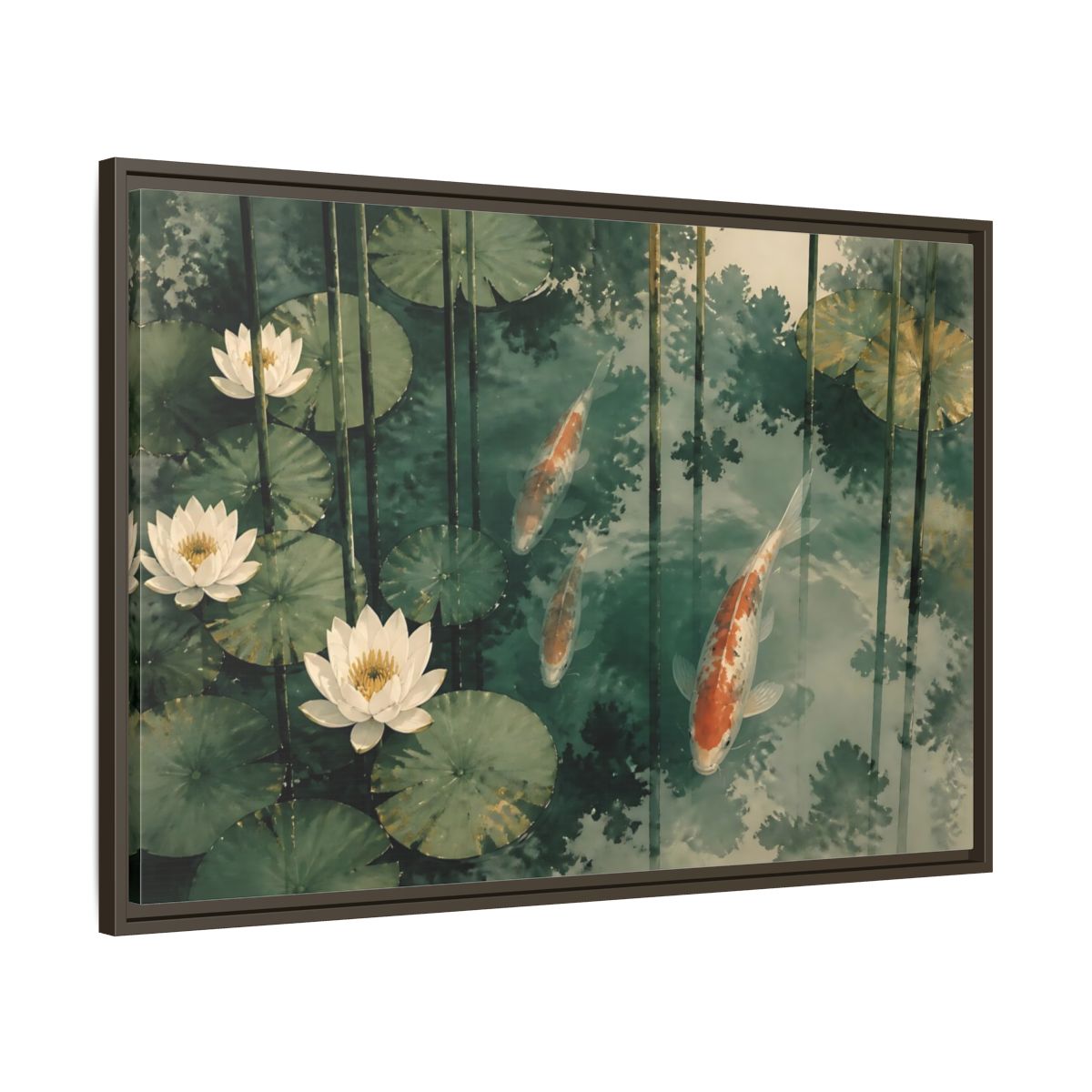 Main Mockup. Koi And Lotus Pond shown as framed canvas print