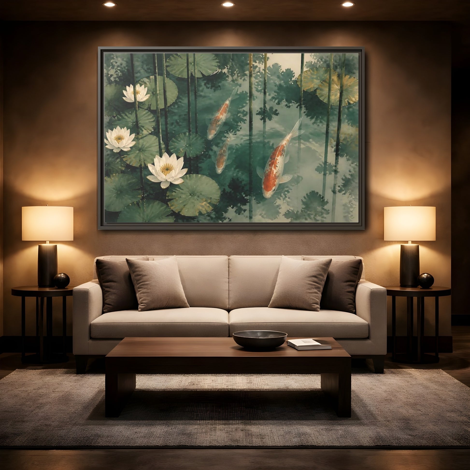 Mockup 2. Koi And Lotus Pond shown as framed canvas print