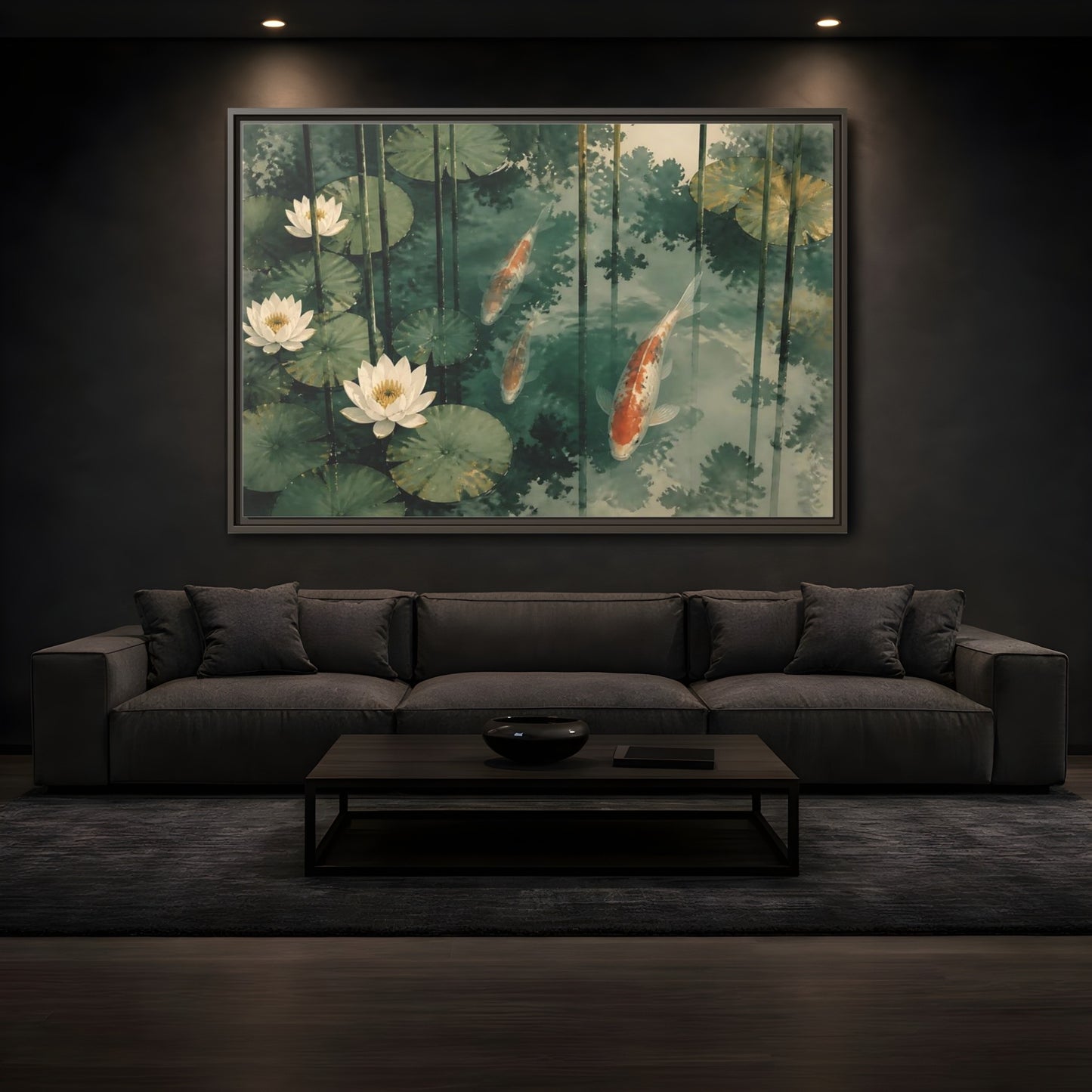Mockup 3. Koi And Lotus Pond shown as framed canvas print