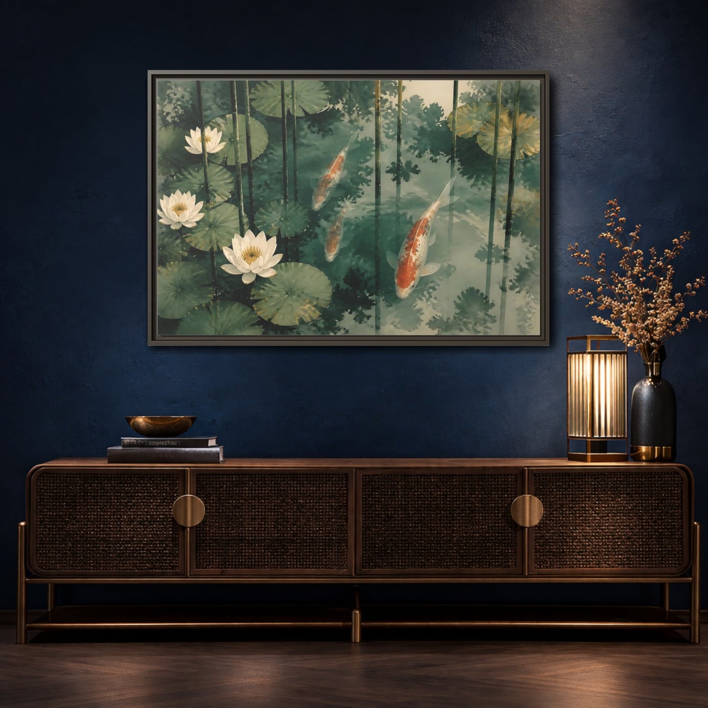 Mockup 4. Koi And Lotus Pond shown as framed canvas print