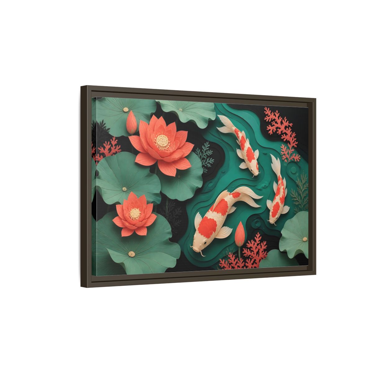 Side Mockup 2. Koi In Lotus Pond shown as framed canvas print