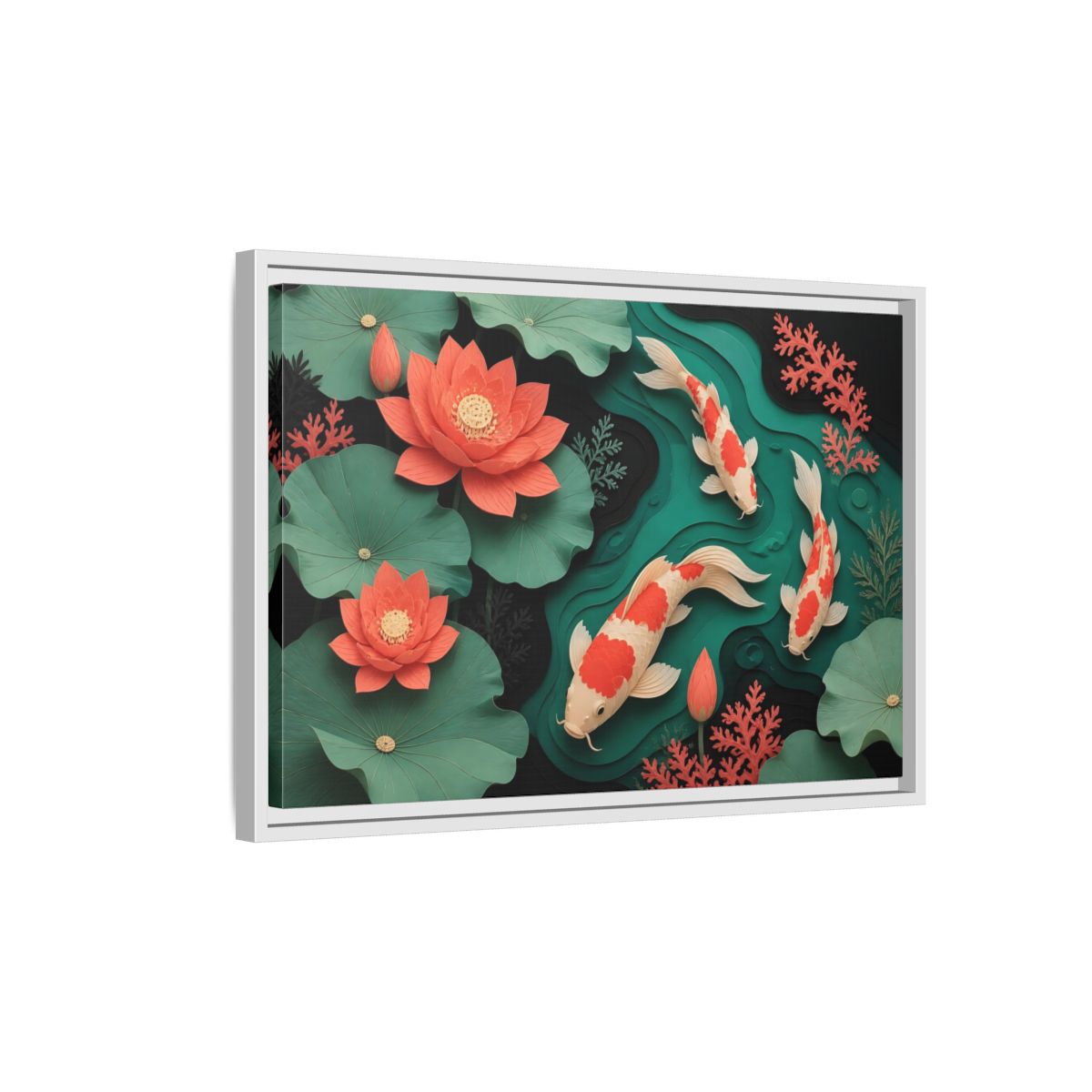 Side Mockup 1. Koi In Lotus Pond shown as framed canvas print