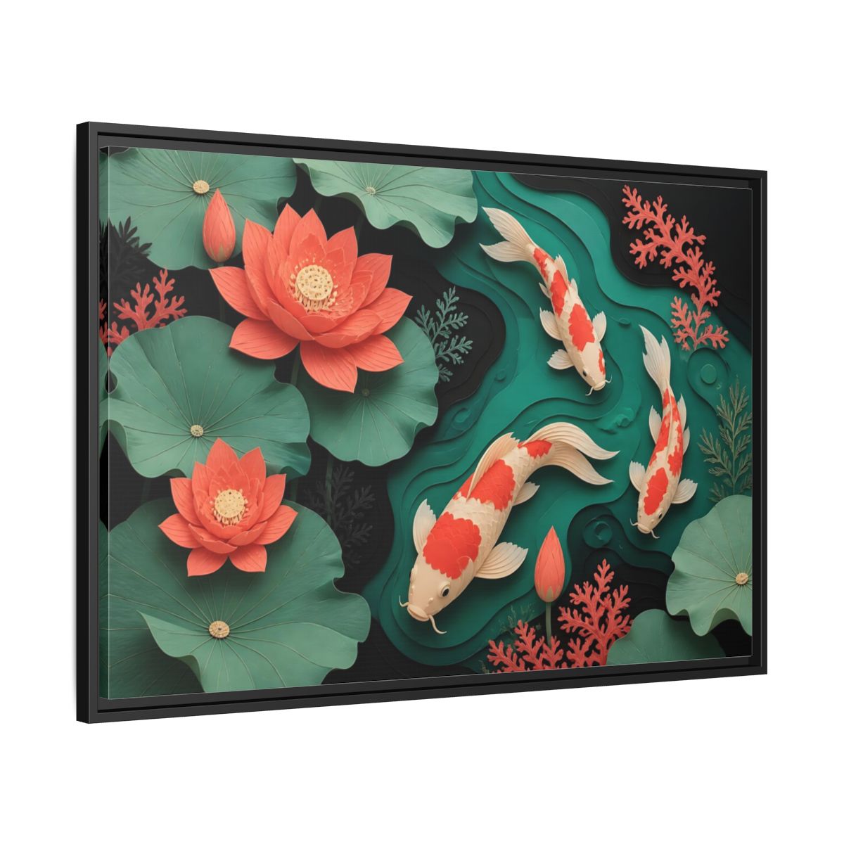 Side Mockup 13. Koi In Lotus Pond shown as framed canvas print