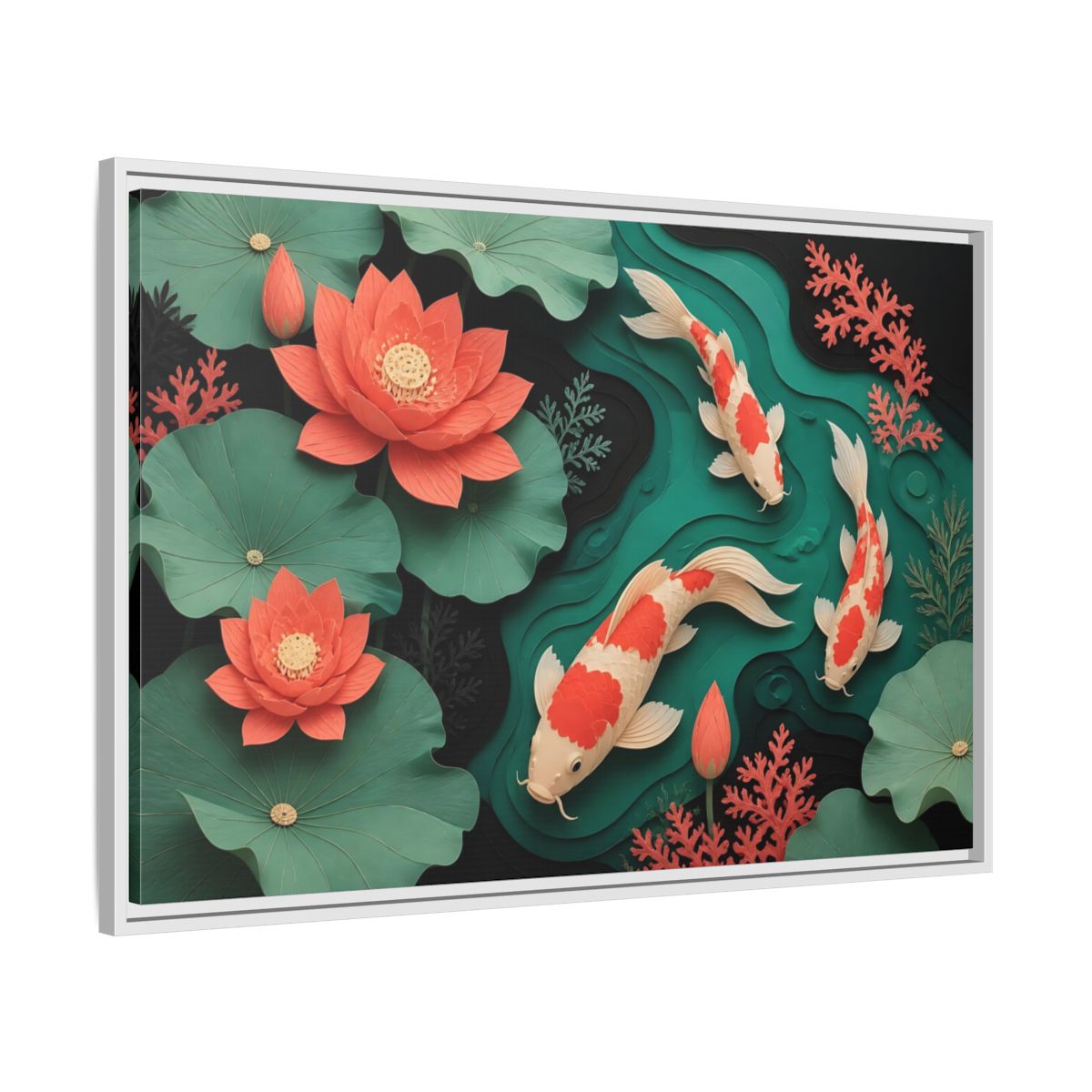 Side Mockup 9. Koi In Lotus Pond shown as framed canvas print