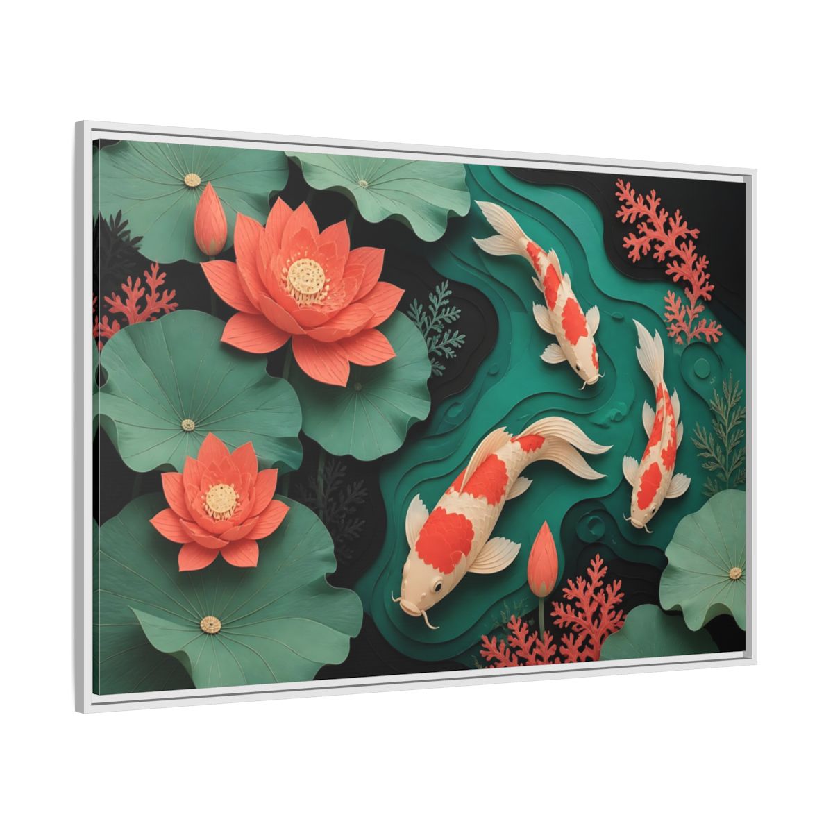 Side Mockup 7. Koi In Lotus Pond shown as framed canvas print