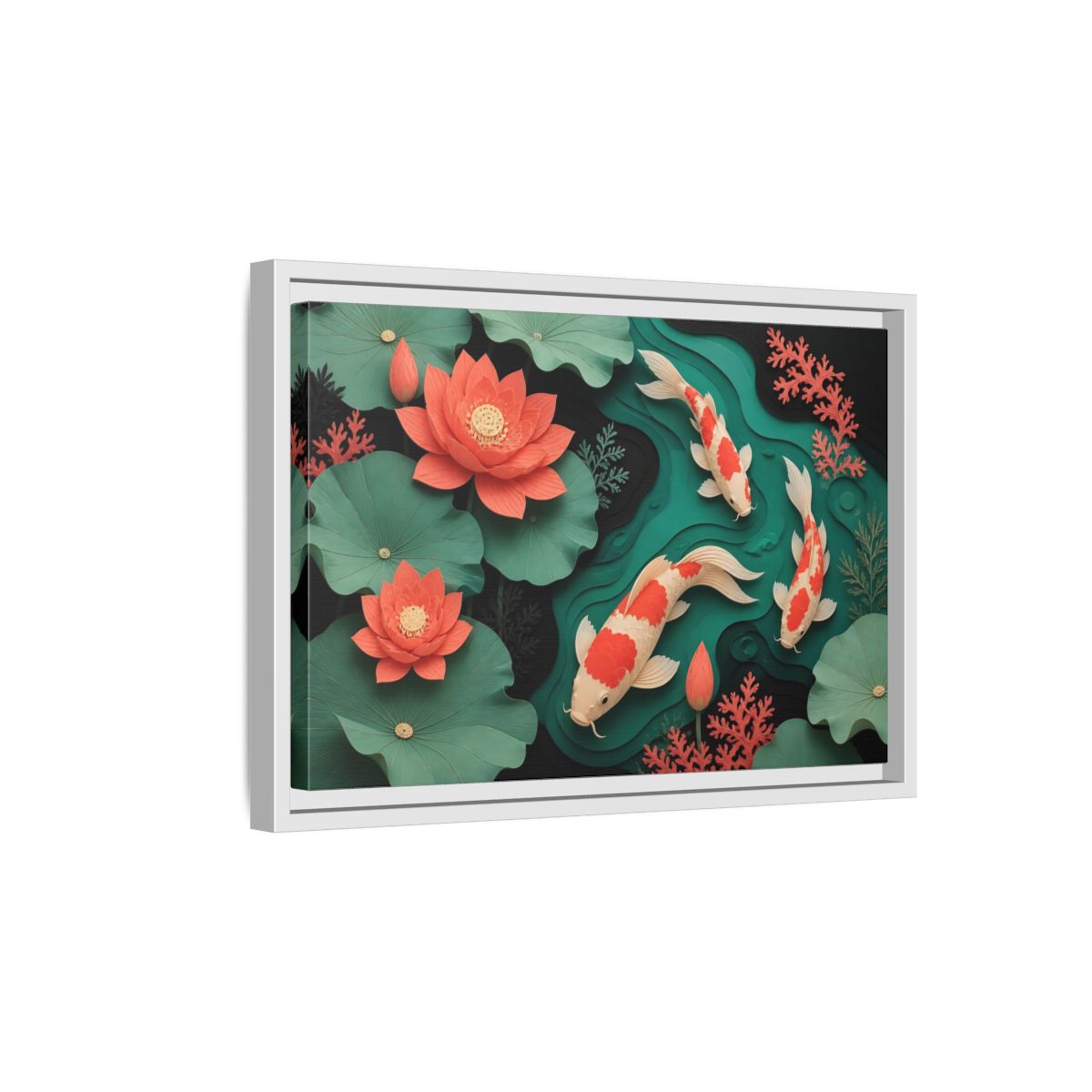 Side Mockup 4. Koi In Lotus Pond shown as framed canvas print