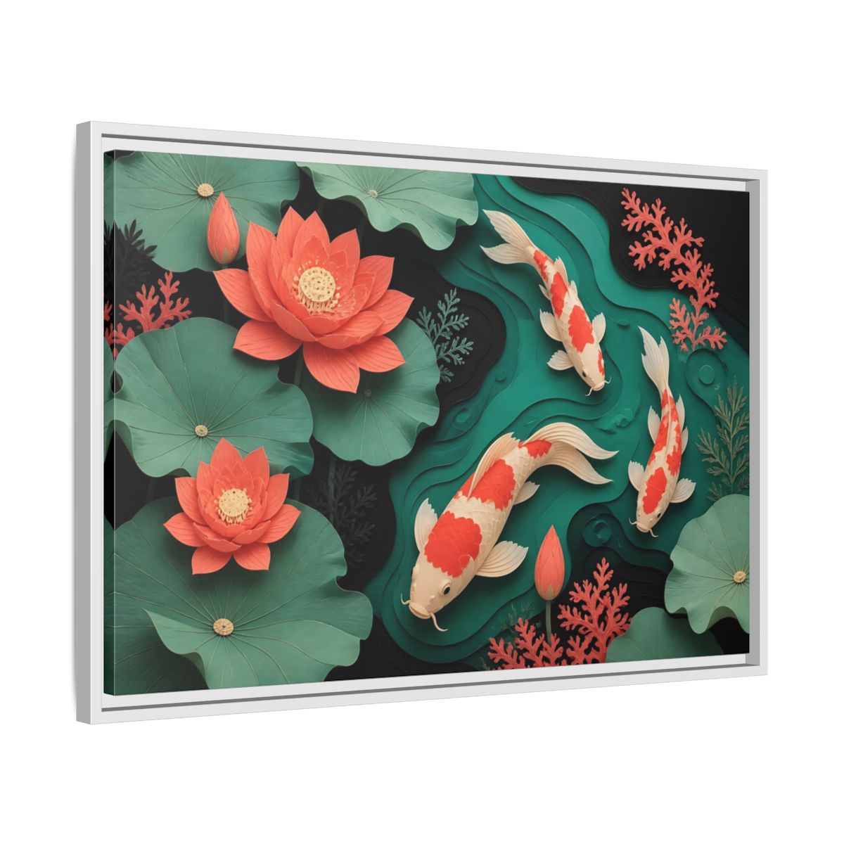 Side Mockup 10. Koi In Lotus Pond shown as framed canvas print