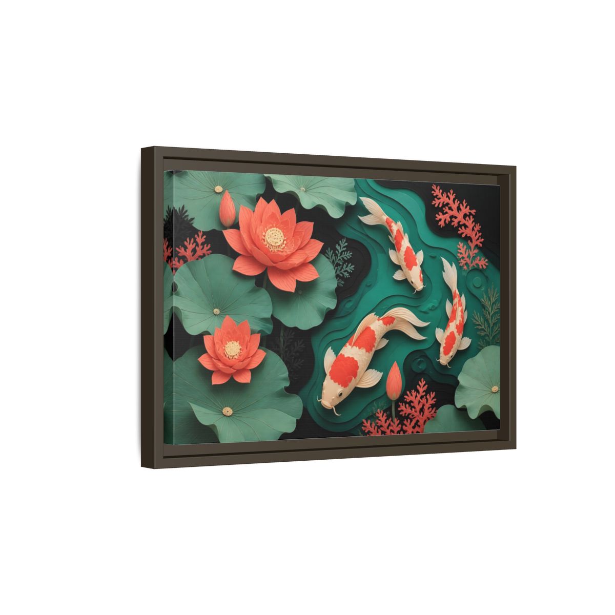 Side Mockup 5. Koi In Lotus Pond shown as framed canvas print
