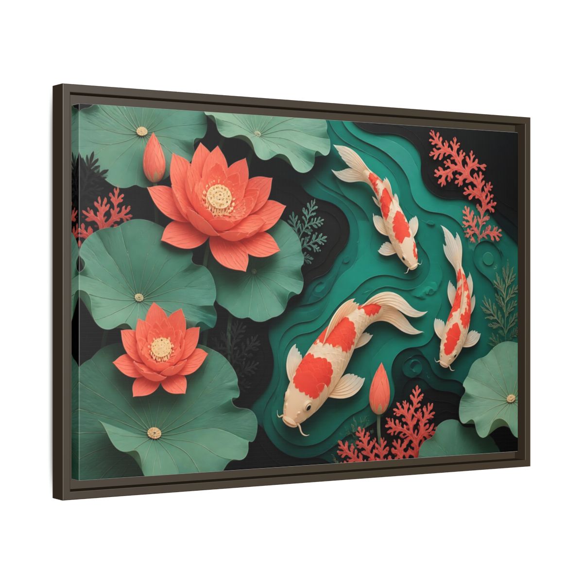Side Mockup 11. Koi In Lotus Pond shown as framed canvas print