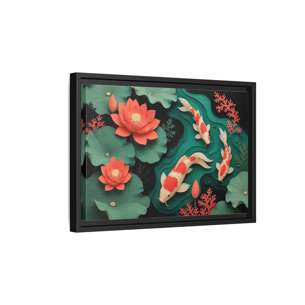 Side Mockup 6. Koi In Lotus Pond shown as framed canvas print