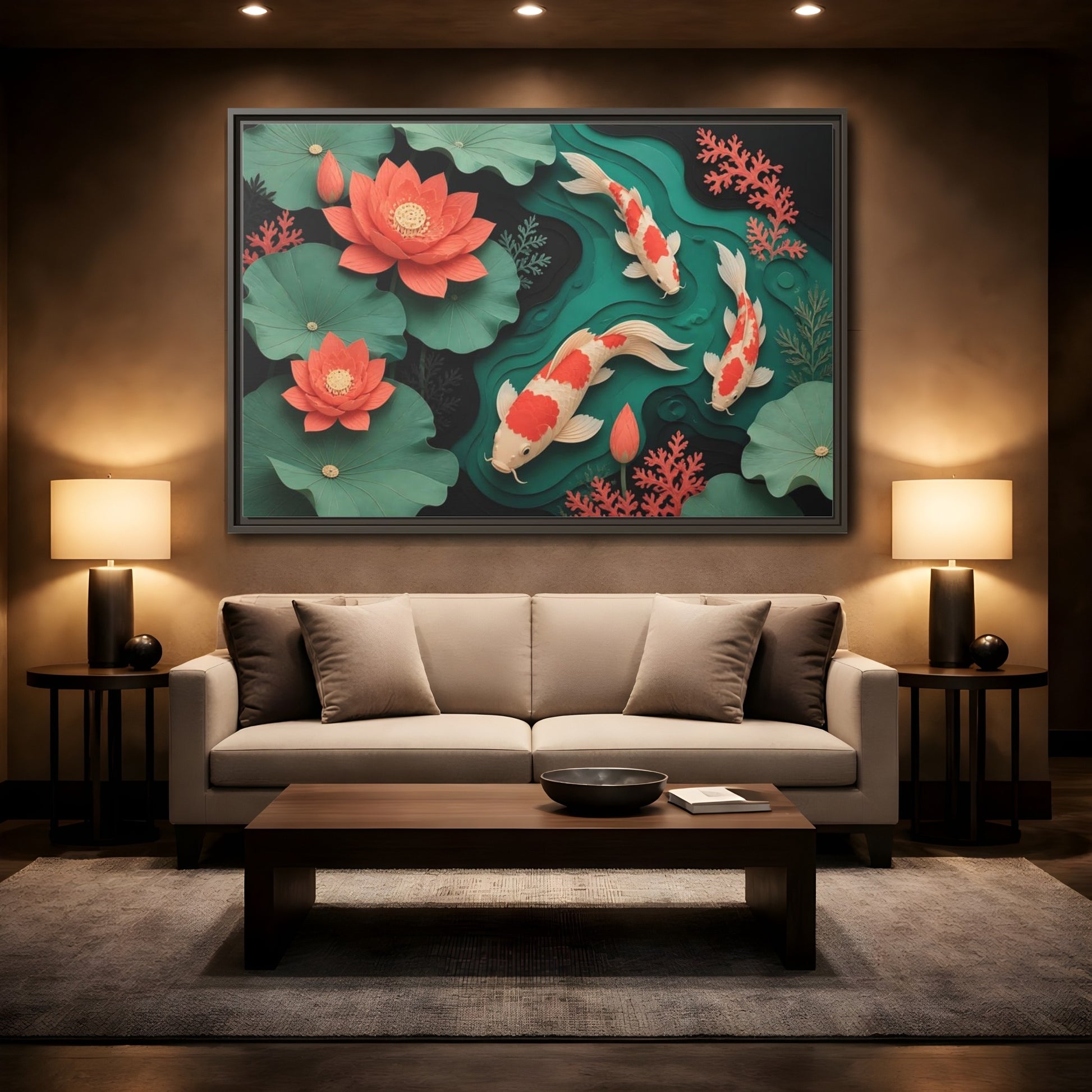 Mockup 2. Koi In Lotus Pond shown as framed canvas print