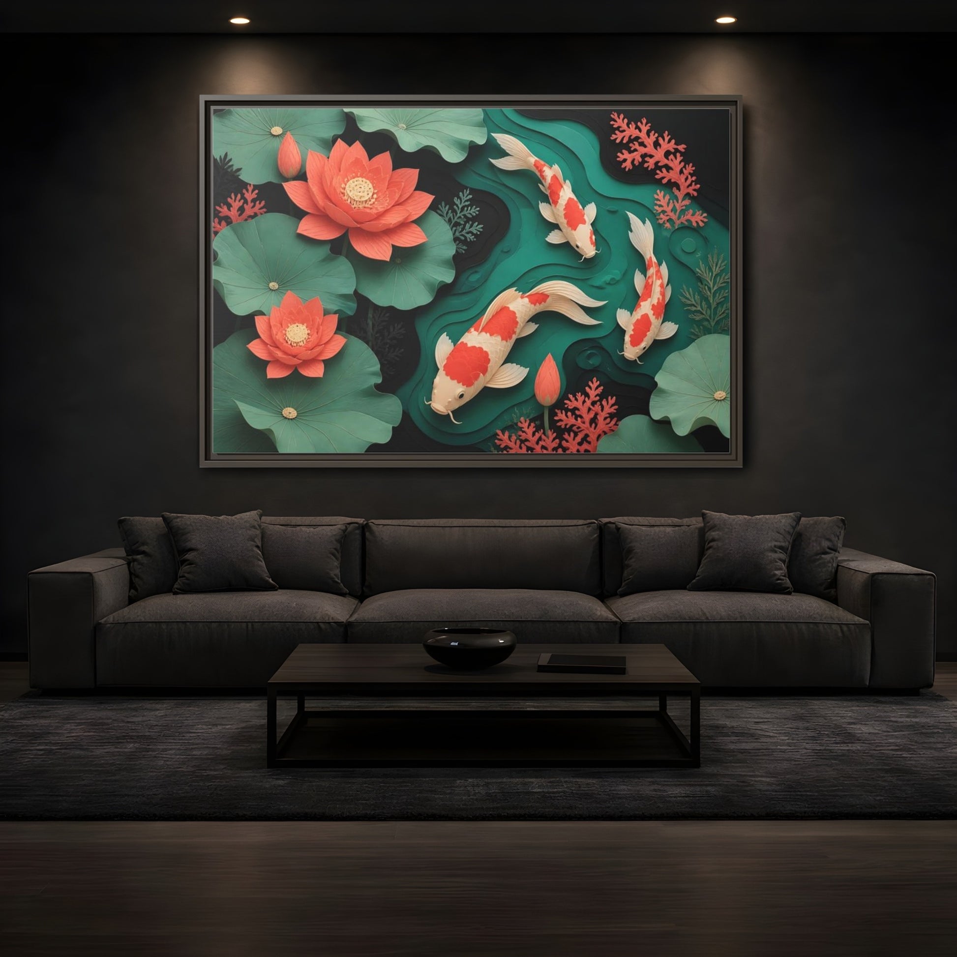 Mockup 3. Koi In Lotus Pond shown as framed canvas print