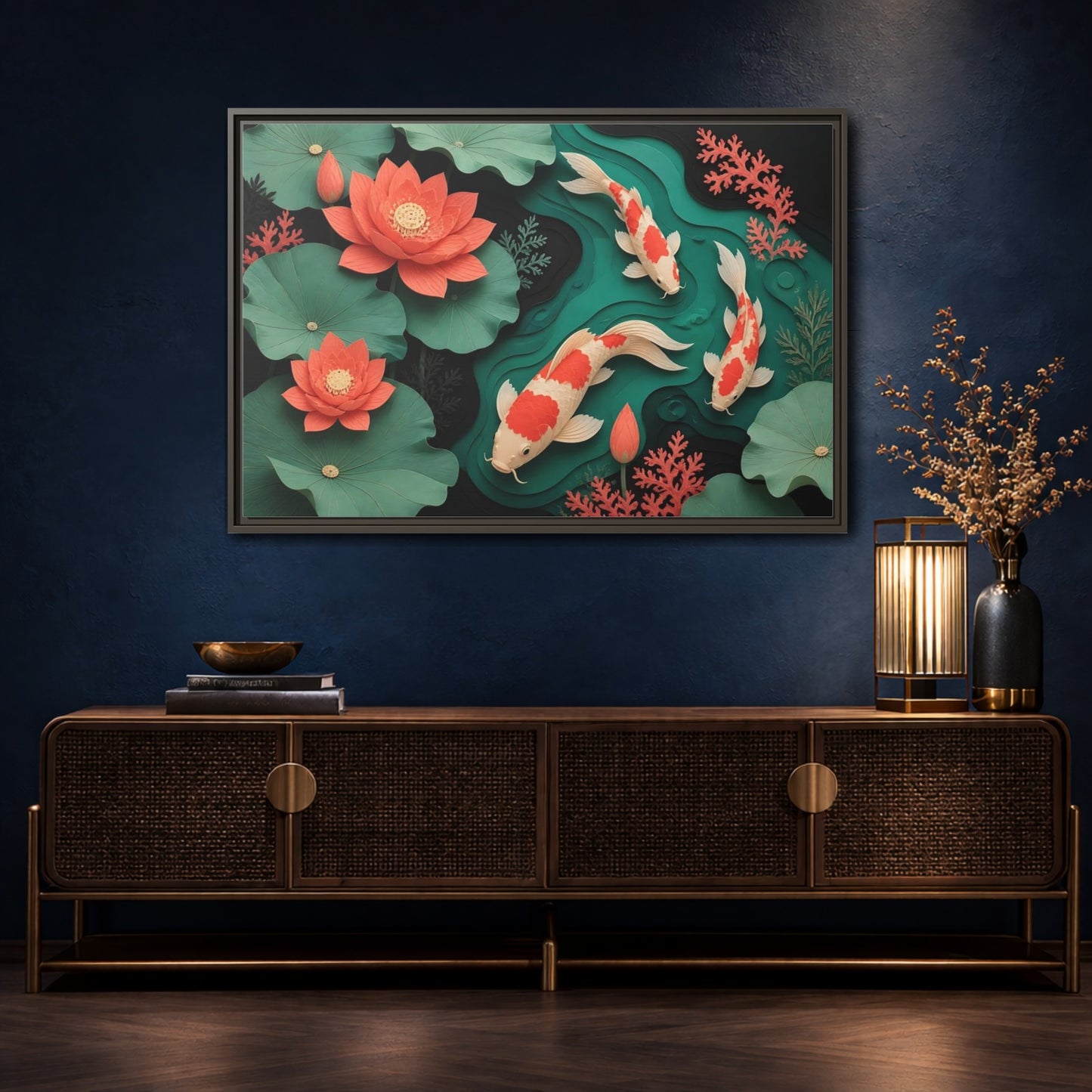 Mockup 4. Koi In Lotus Pond shown as framed canvas print