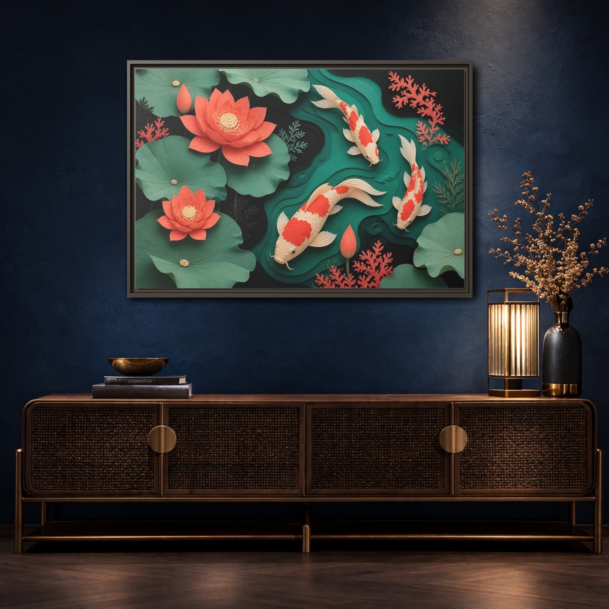 Mockup 4. Koi In Lotus Pond shown as framed canvas print