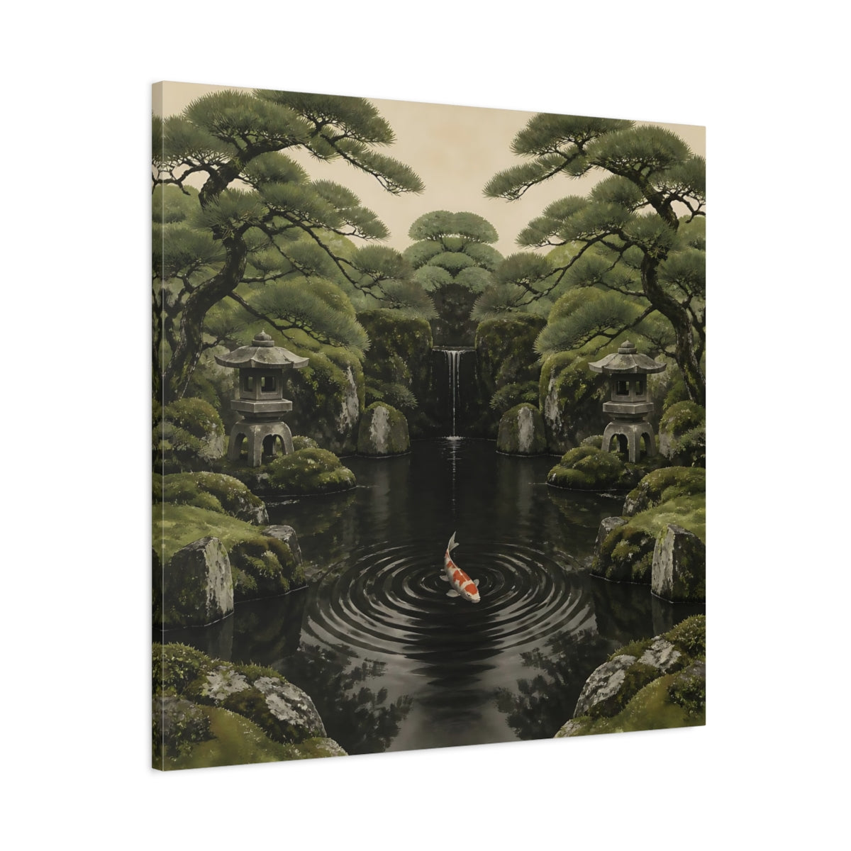 Main Mockup. Koi In Mossy Garden shown as canvas print