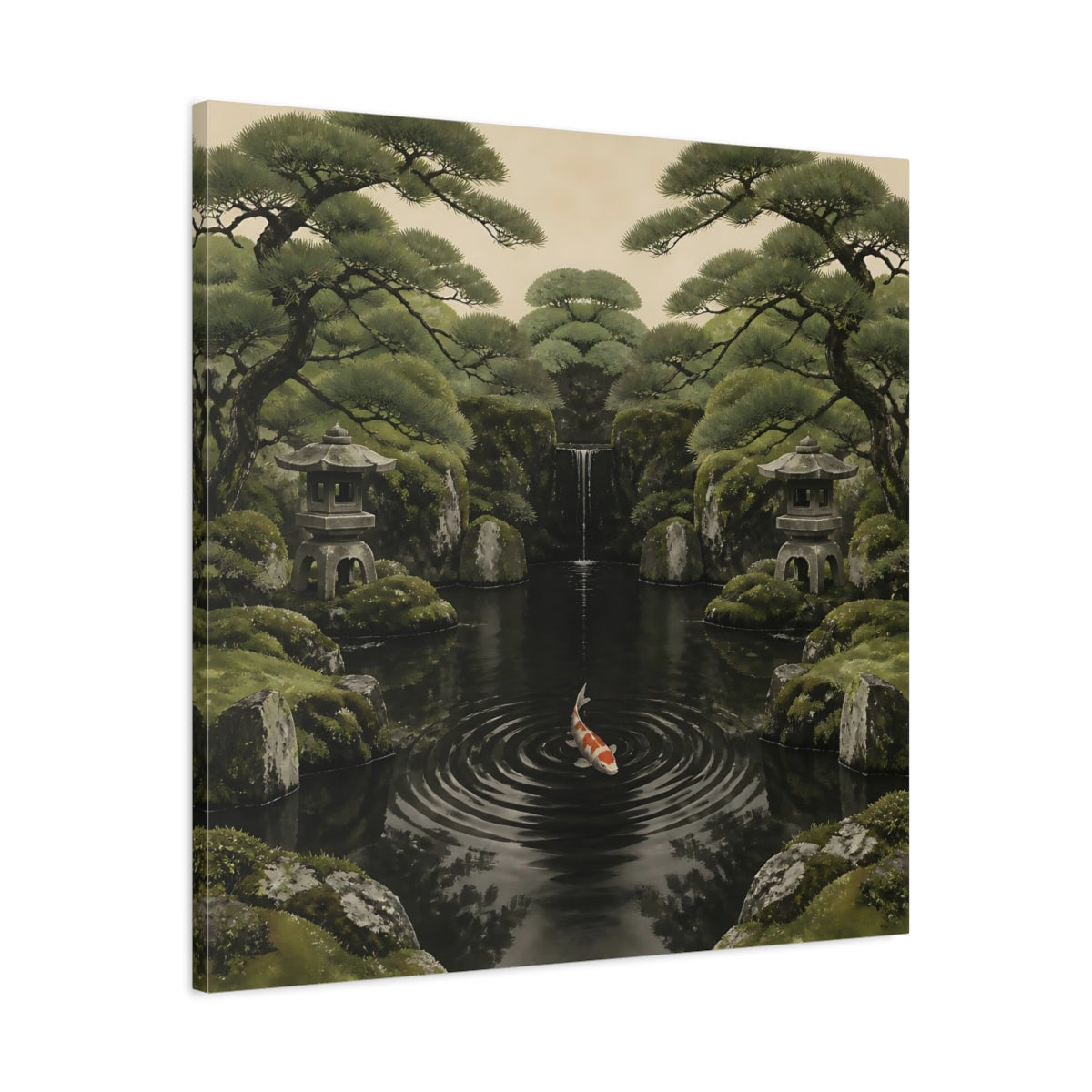 Side Mockup 3. Koi In Mossy Garden shown as canvas print