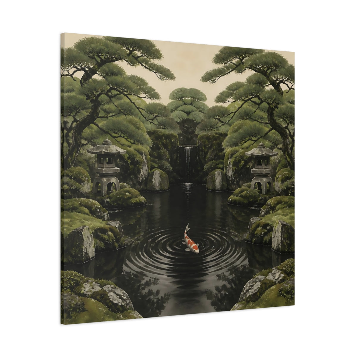 Side Mockup 1. Koi In Mossy Garden shown as canvas print