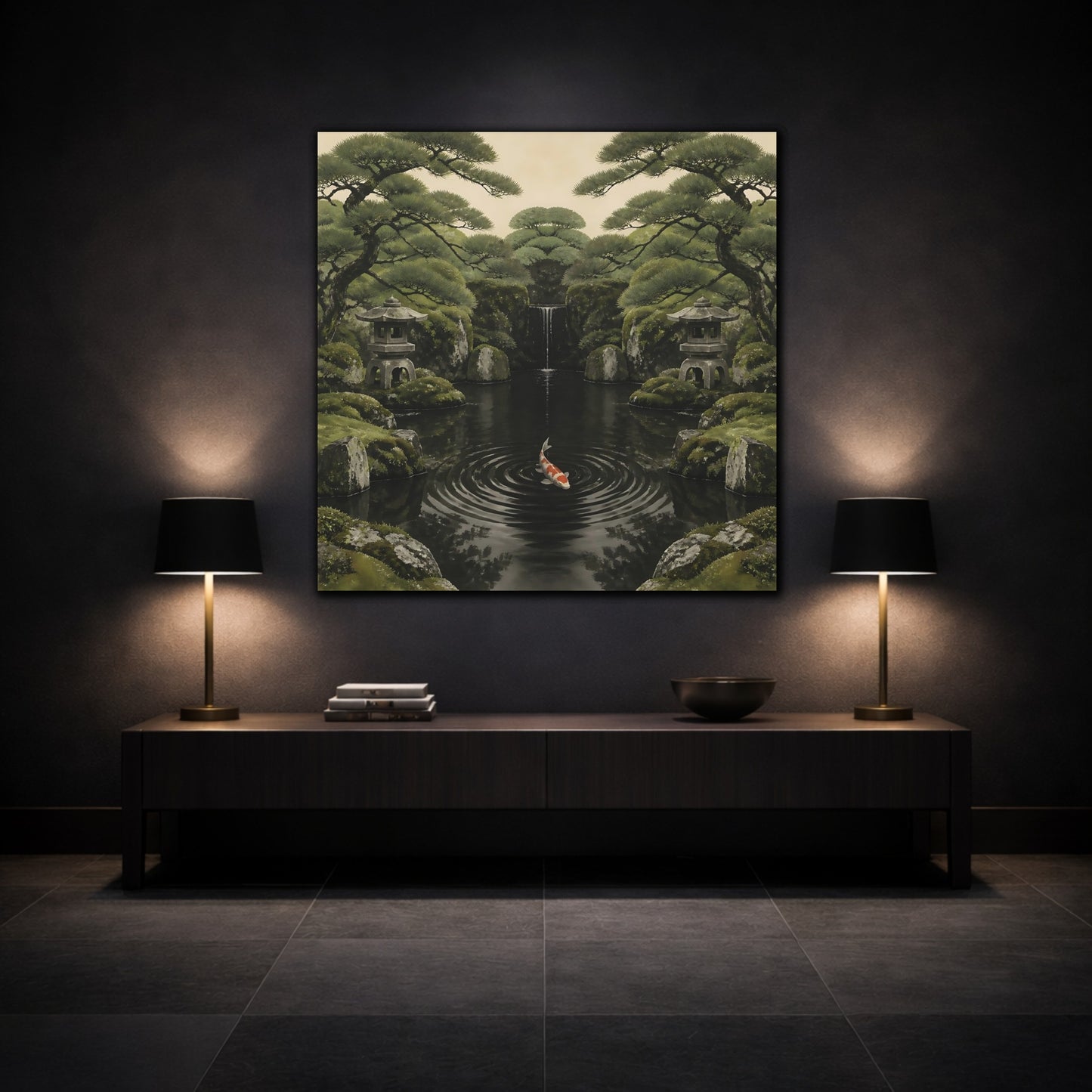 Mockup 3. Koi In Mossy Garden shown as canvas print