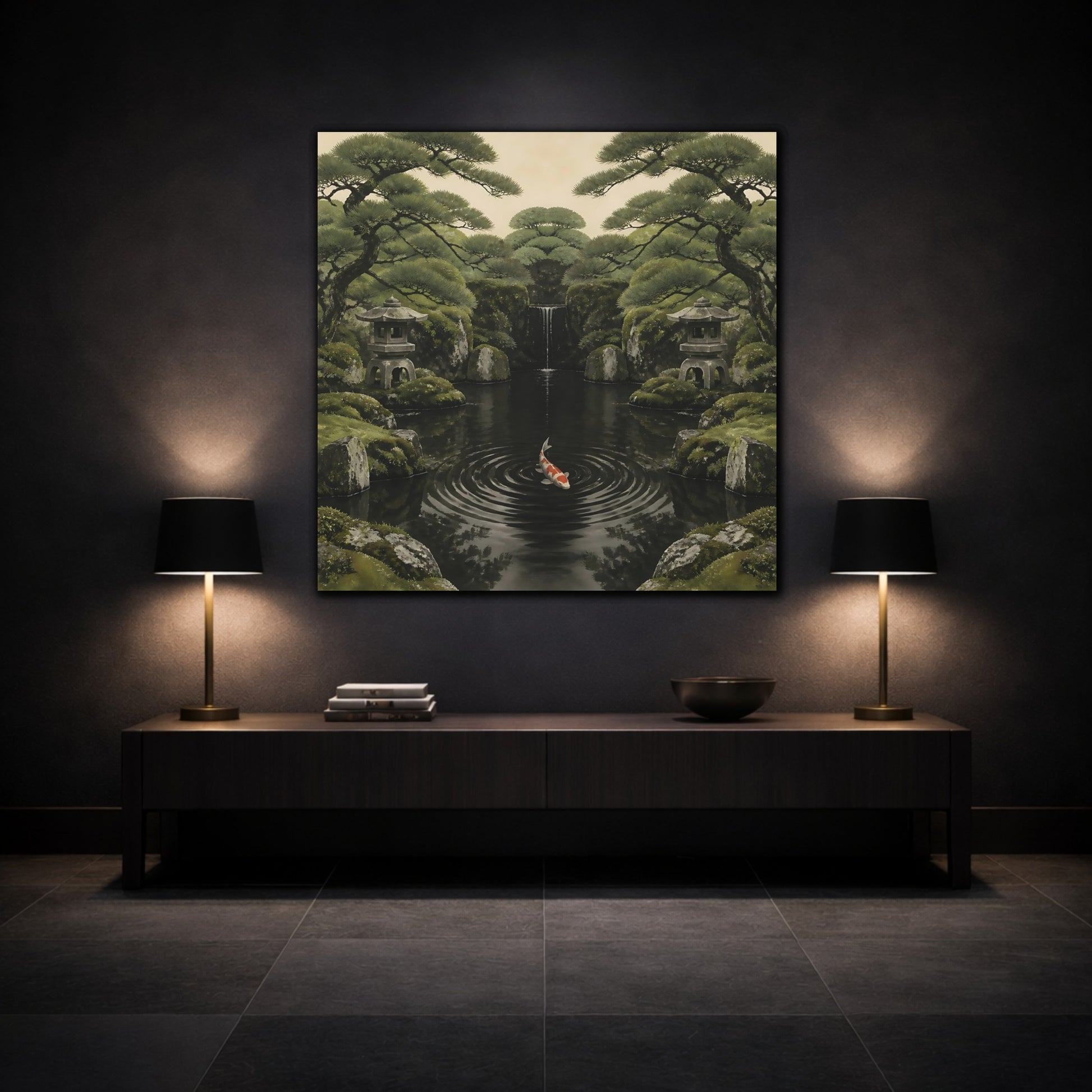Mockup 3. Koi In Mossy Garden shown as canvas print