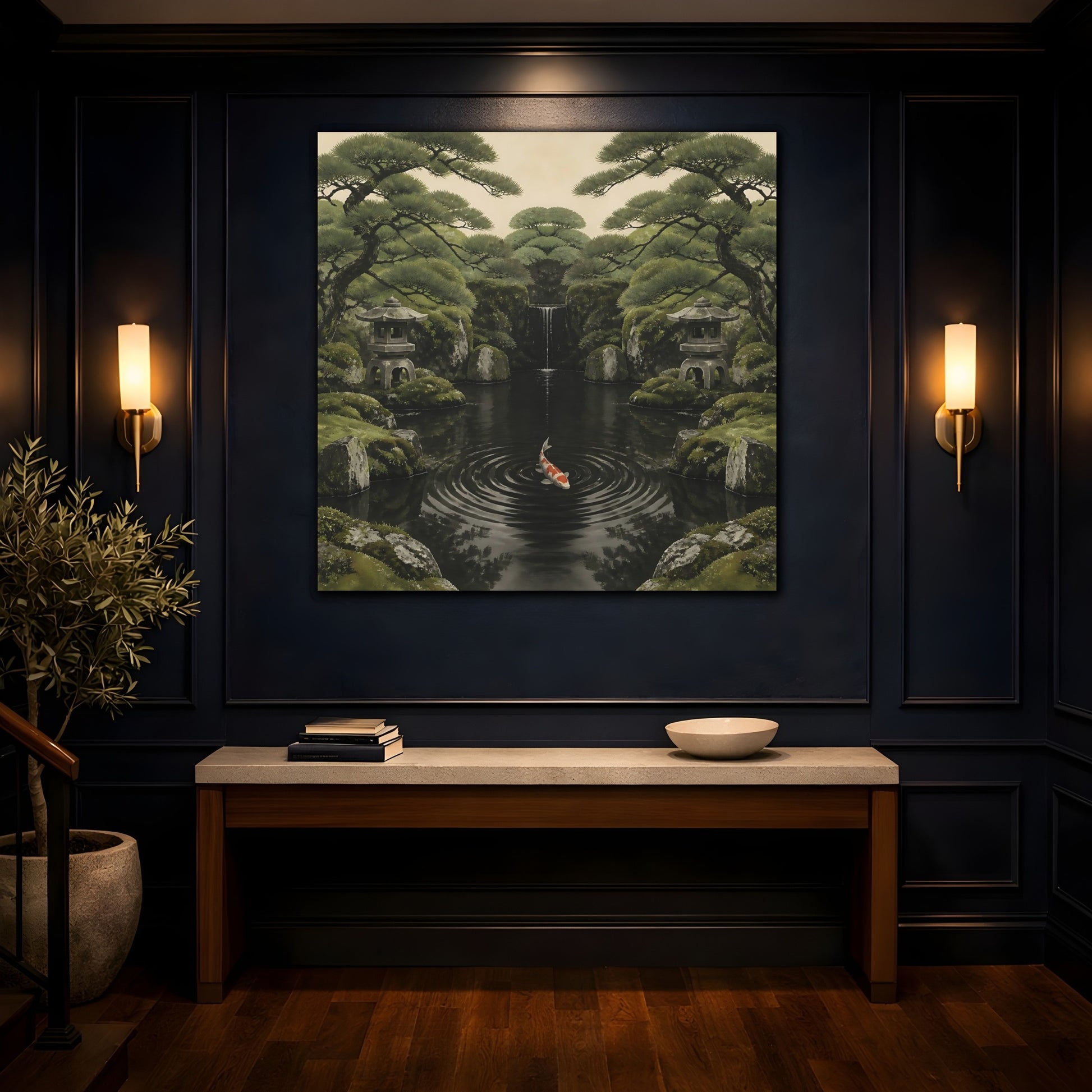 Mockup 4. Koi In Mossy Garden shown as canvas print