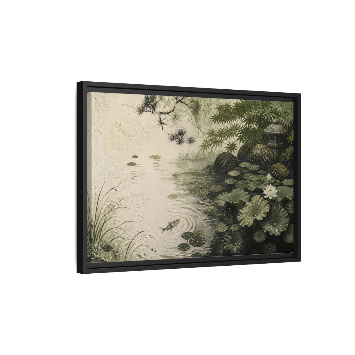 Side Mockup 3. Koi Nature Garden shown as framed canvas print