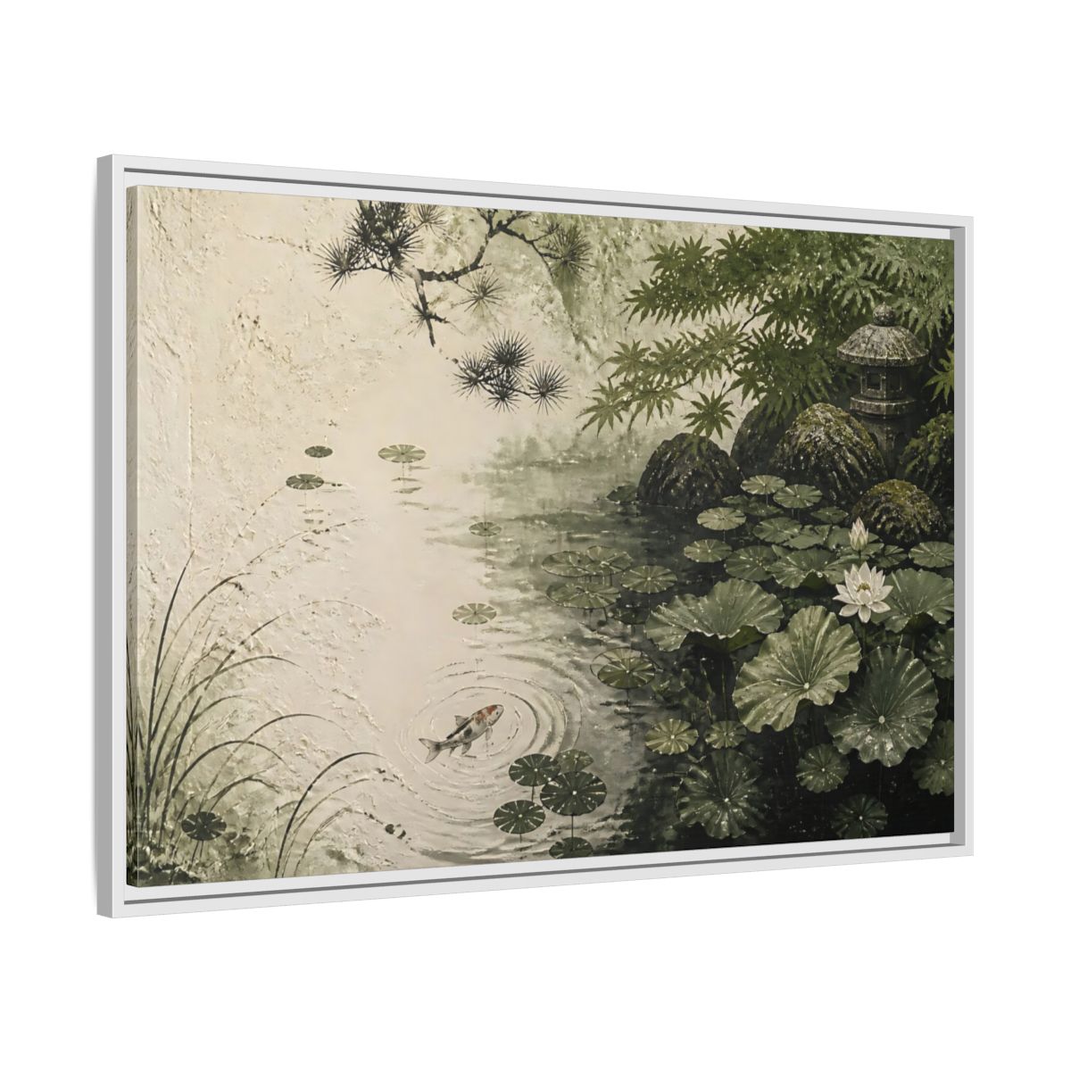 Side Mockup 9. Koi Nature Garden shown as framed canvas print