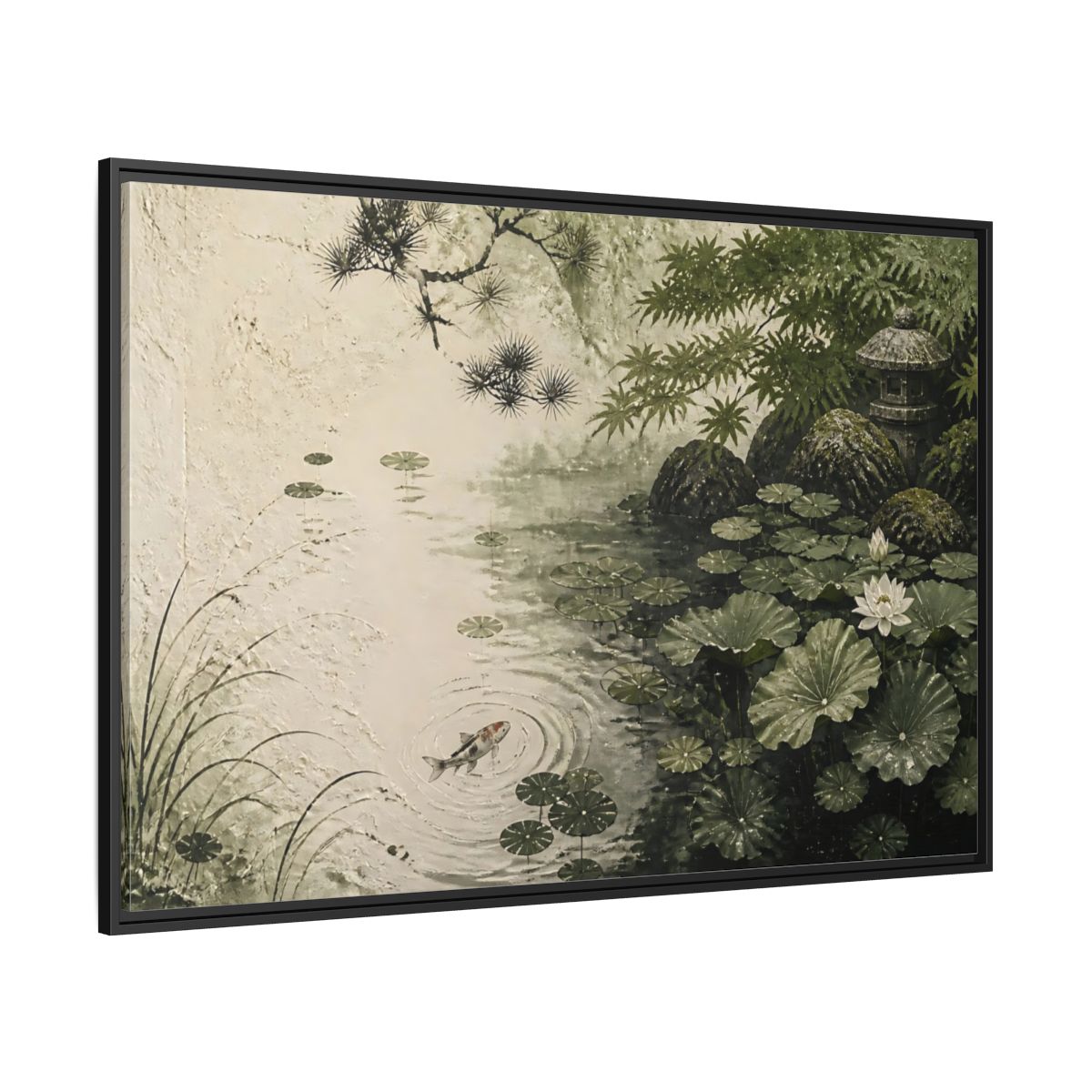 Side Mockup 12. Koi Nature Garden shown as framed canvas print