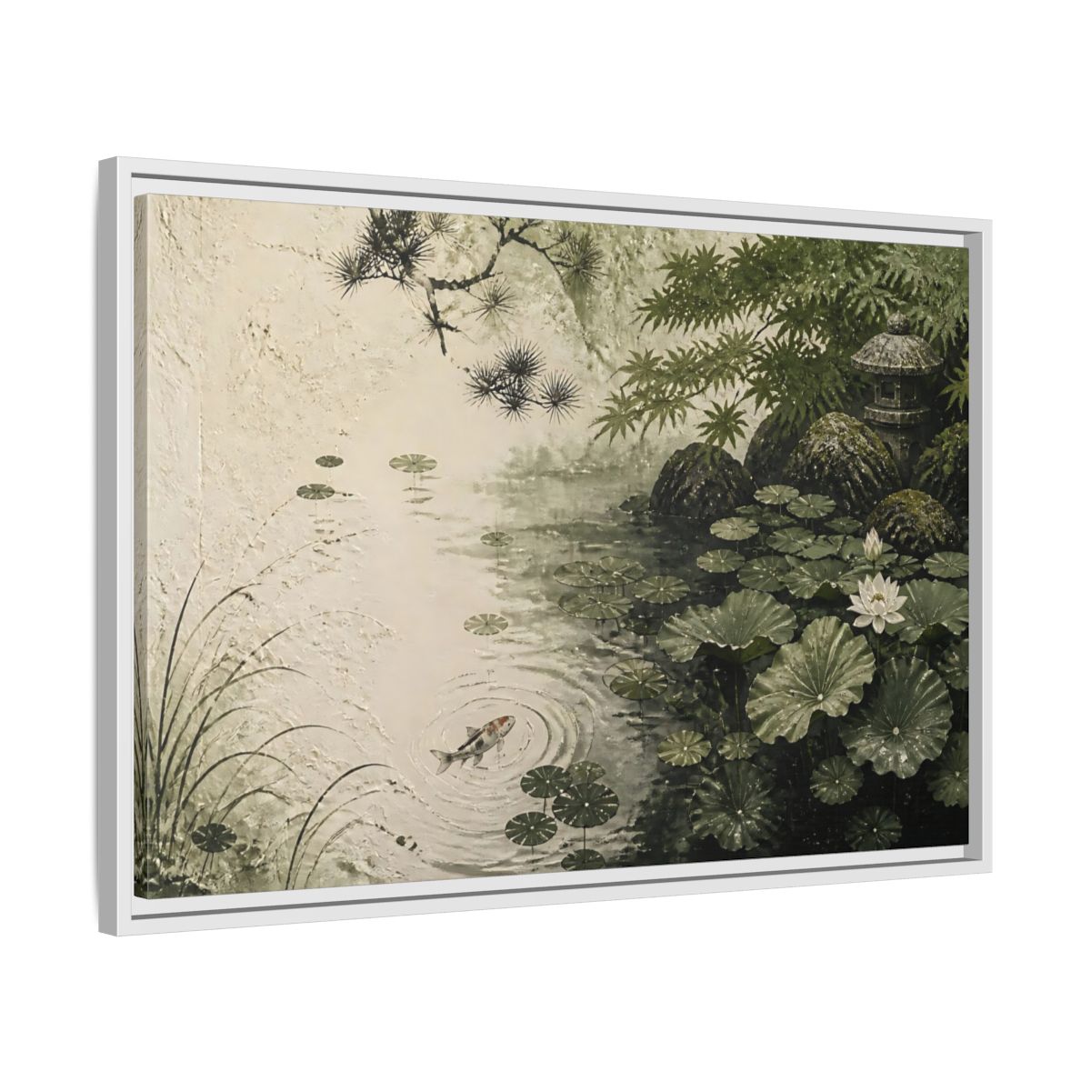 Side Mockup 10. Koi Nature Garden shown as framed canvas print