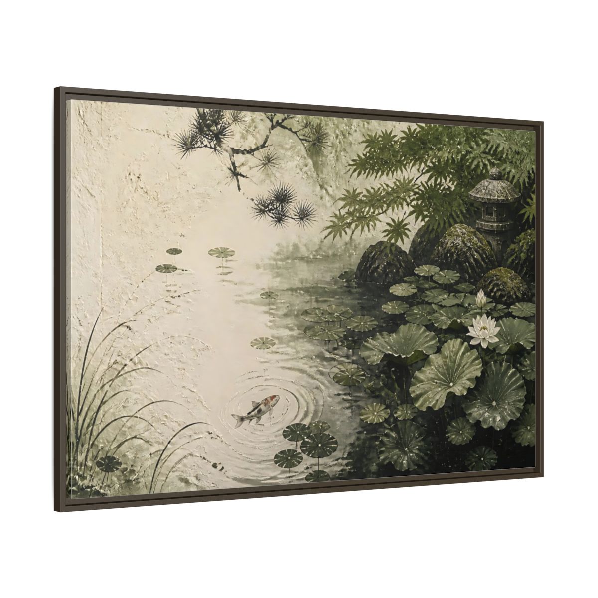 Side Mockup 8. Koi Nature Garden shown as framed canvas print