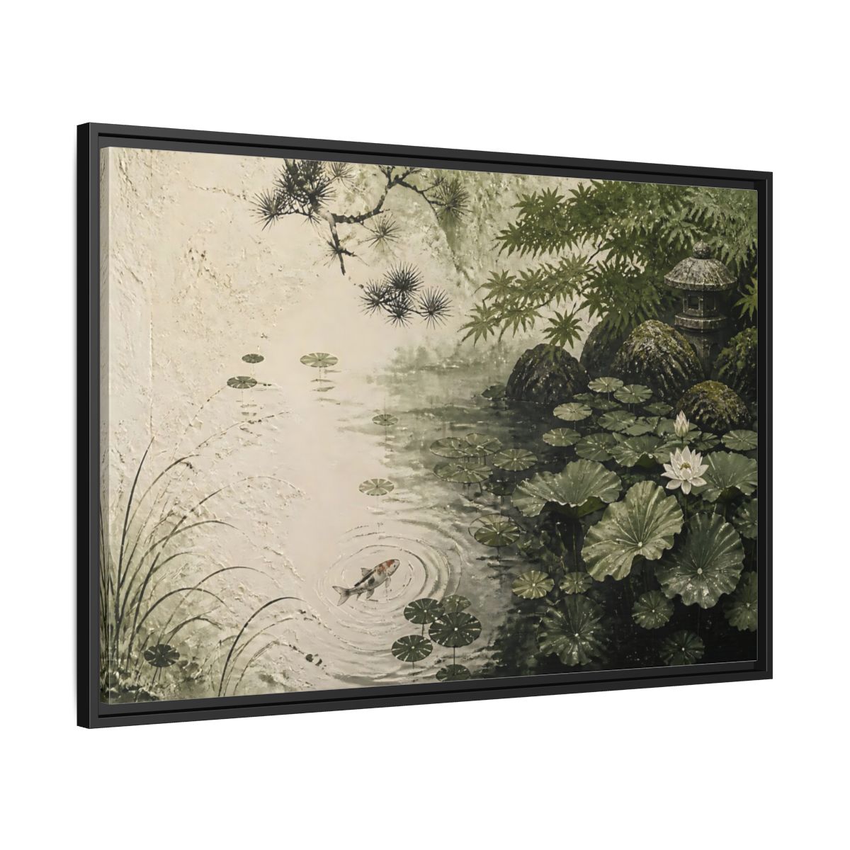 Side Mockup 13. Koi Nature Garden shown as framed canvas print