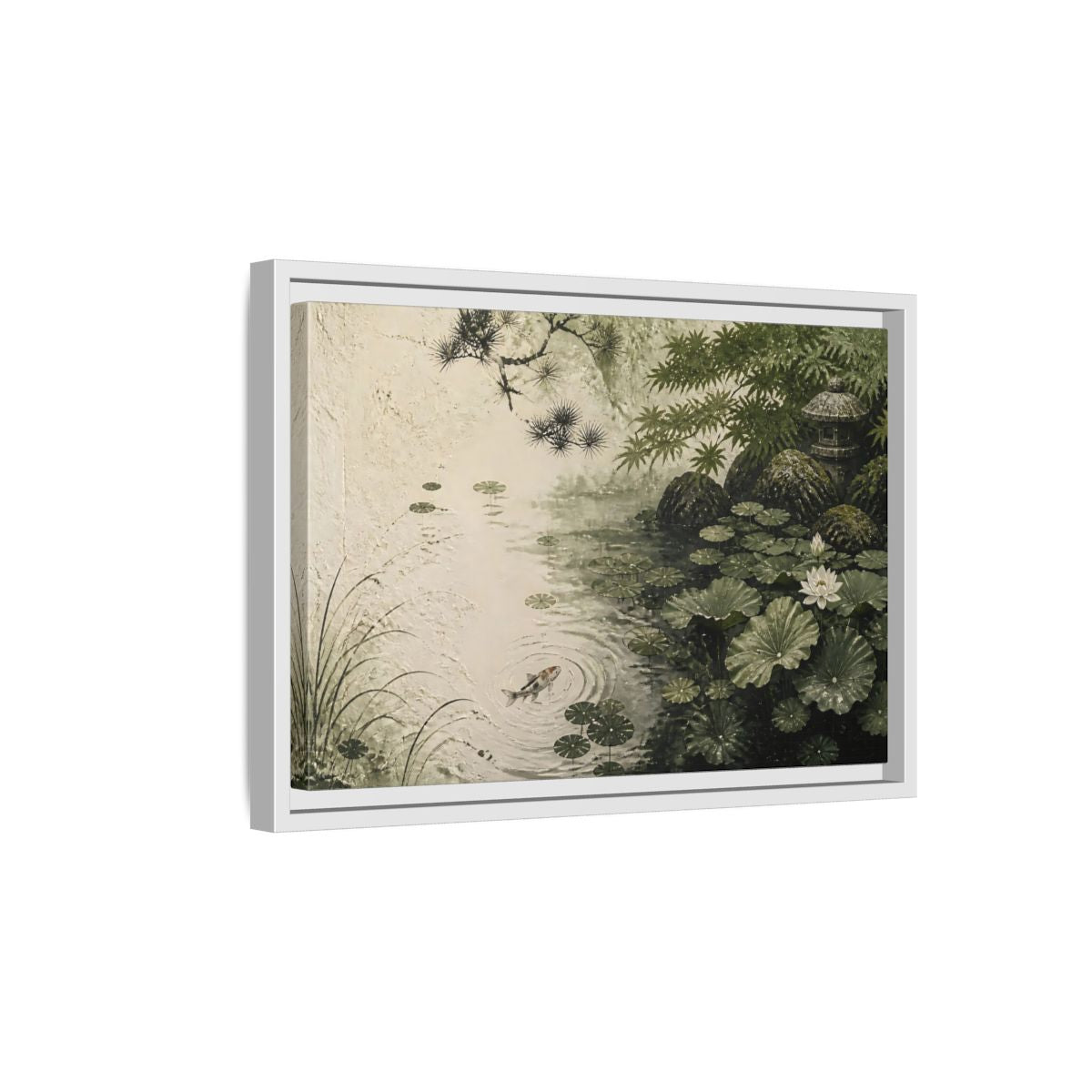 Side Mockup 4. Koi Nature Garden shown as framed canvas print