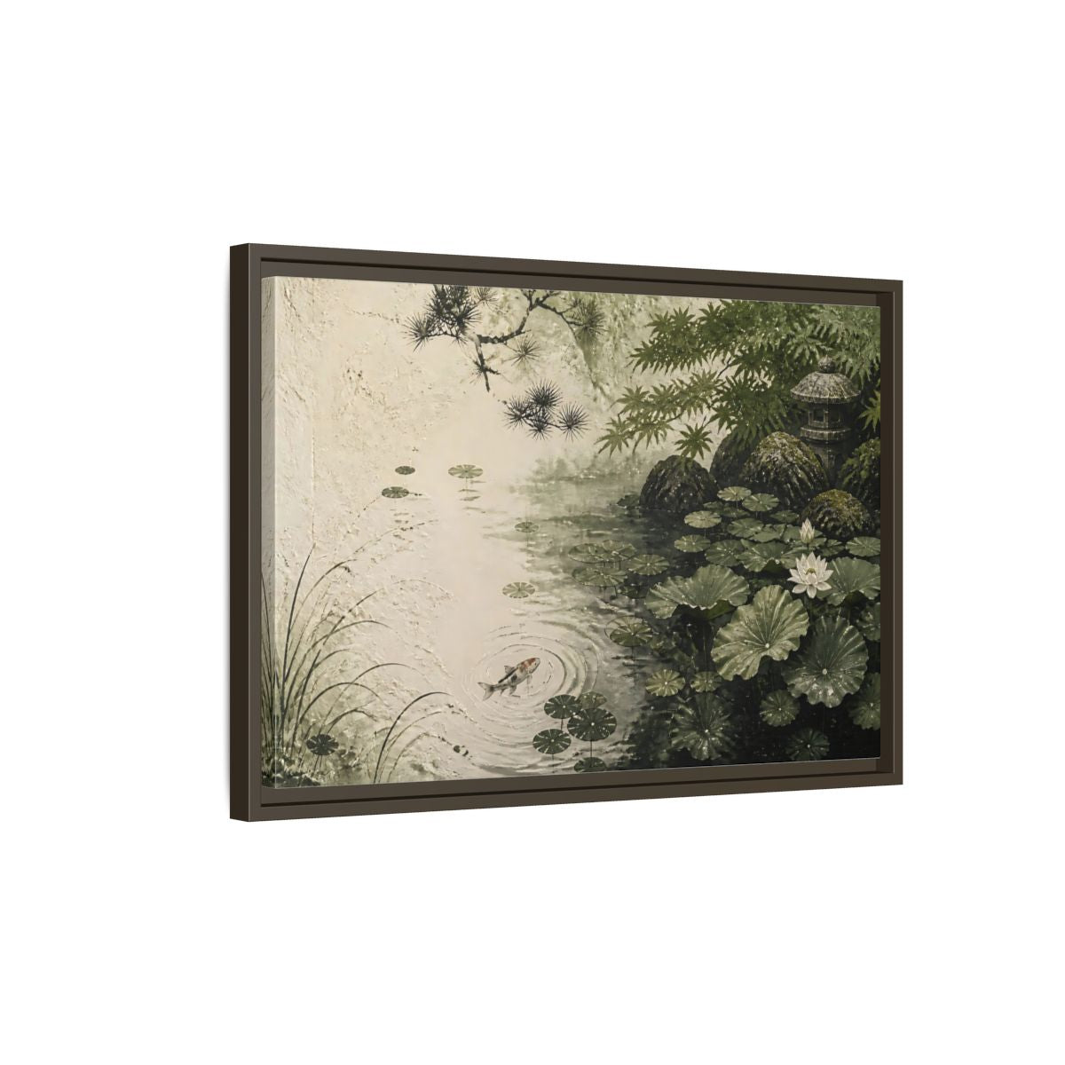 Side Mockup 2. Koi Nature Garden shown as framed canvas print