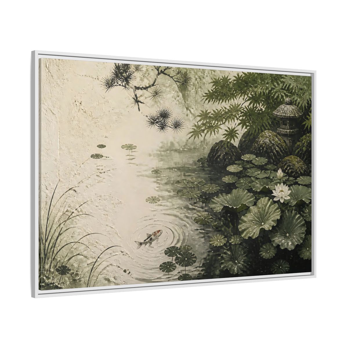 Side Mockup 7. Koi Nature Garden shown as framed canvas print