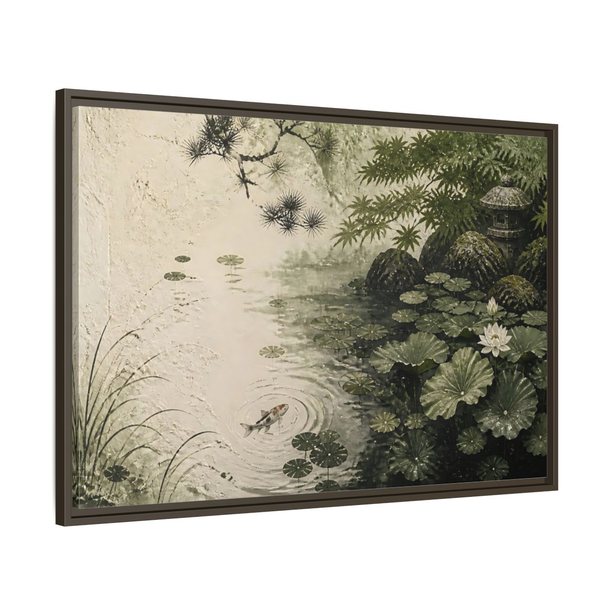 Main Mockup. Koi Nature Garden shown as framed canvas print