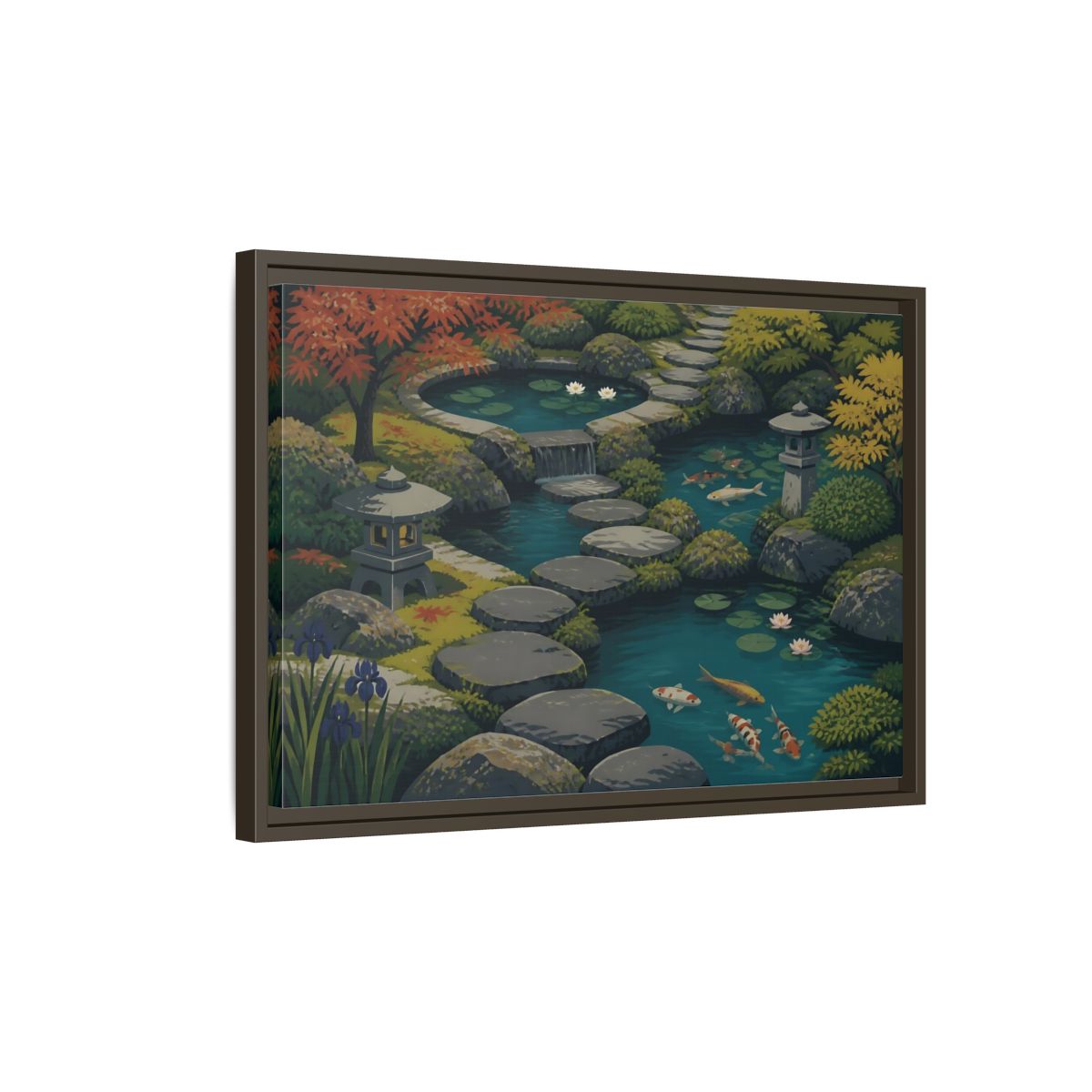 Side Mockup 2. Koi Pond Stepping Stones shown as framed canvas print