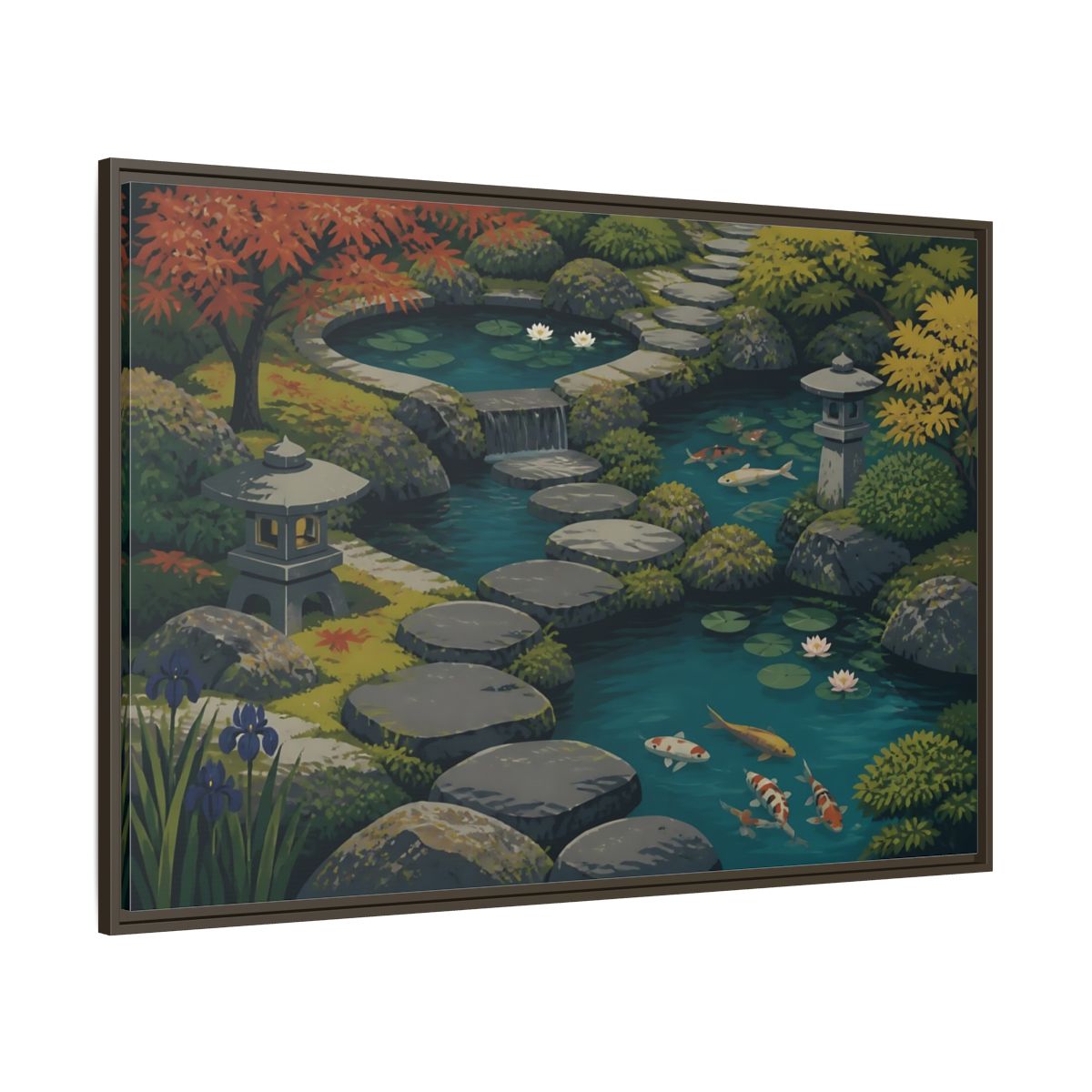 Side Mockup 8. Koi Pond Stepping Stones shown as framed canvas print