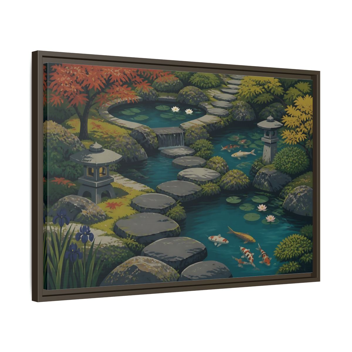 Side Mockup 11. Koi Pond Stepping Stones shown as framed canvas print