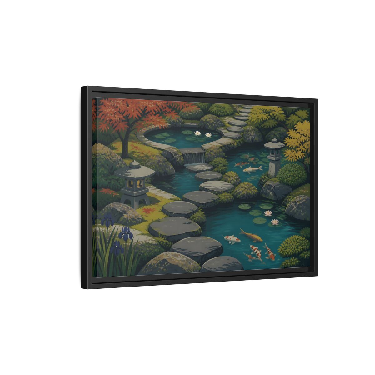Side Mockup 3. Koi Pond Stepping Stones shown as framed canvas print