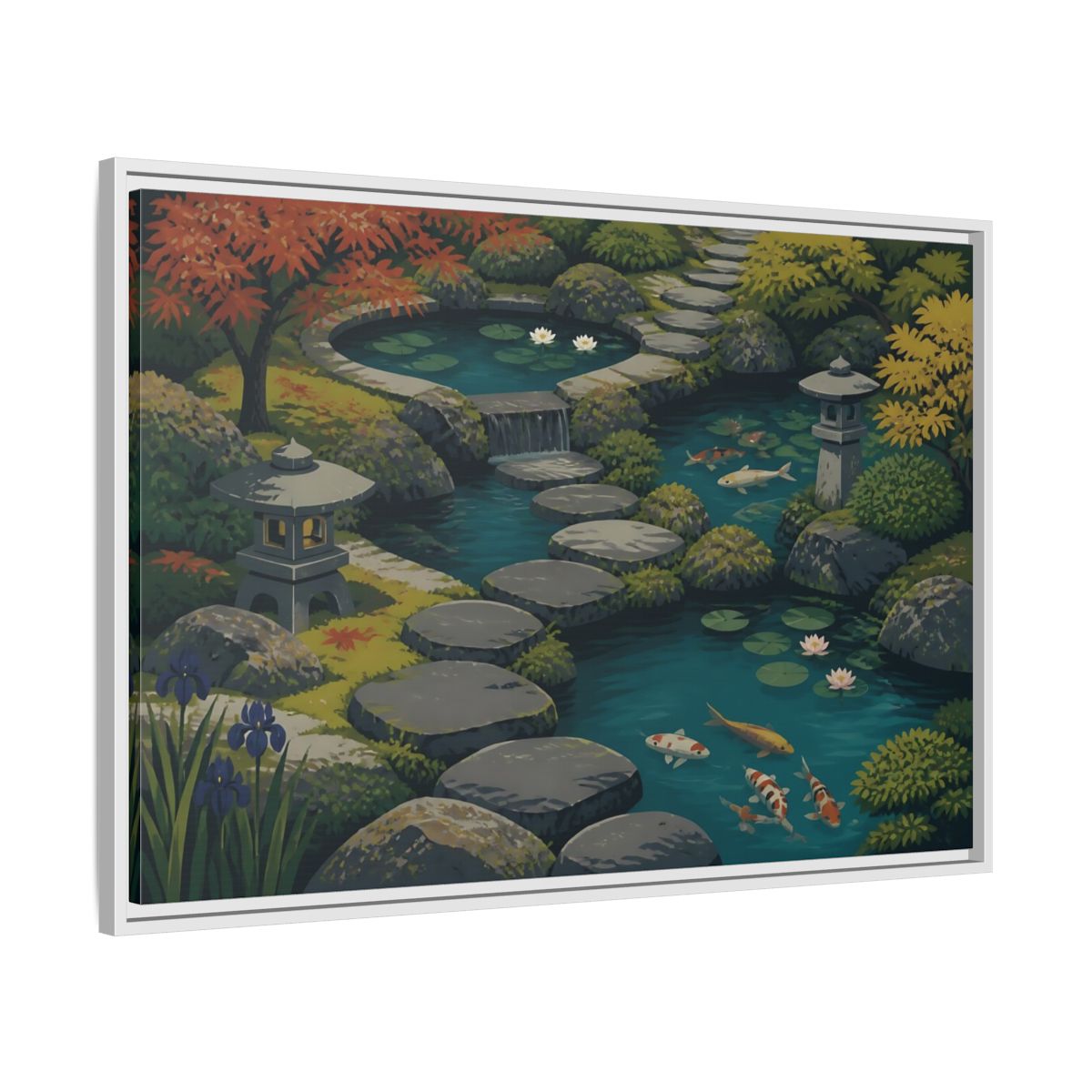 Side Mockup 9. Koi Pond Stepping Stones shown as framed canvas print