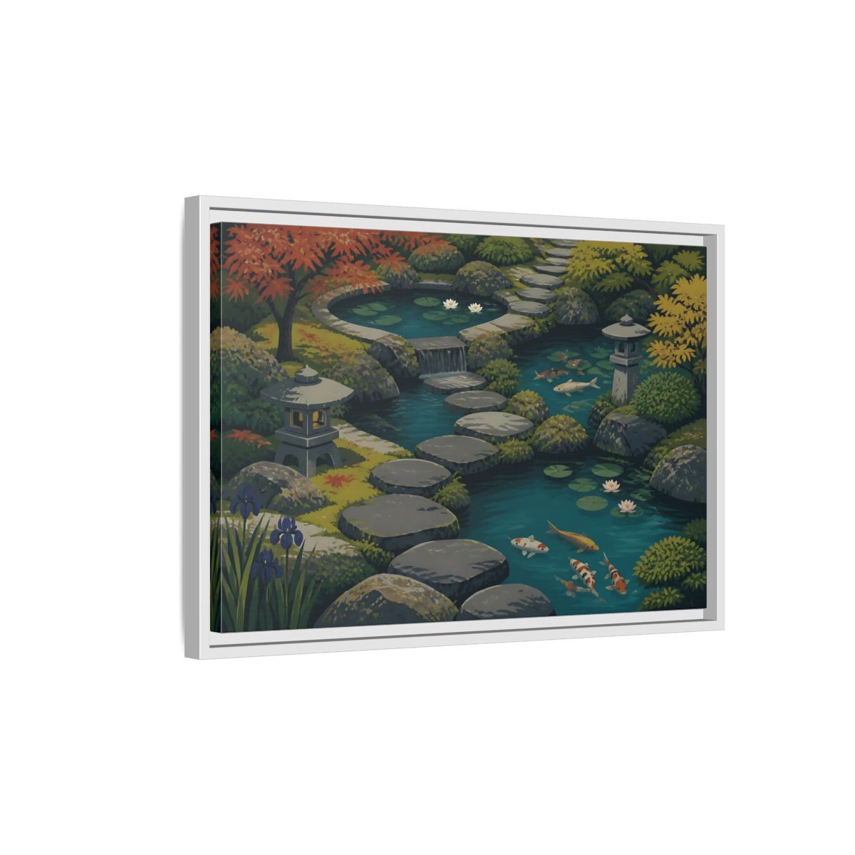 Side Mockup 1. Koi Pond Stepping Stones shown as framed canvas print