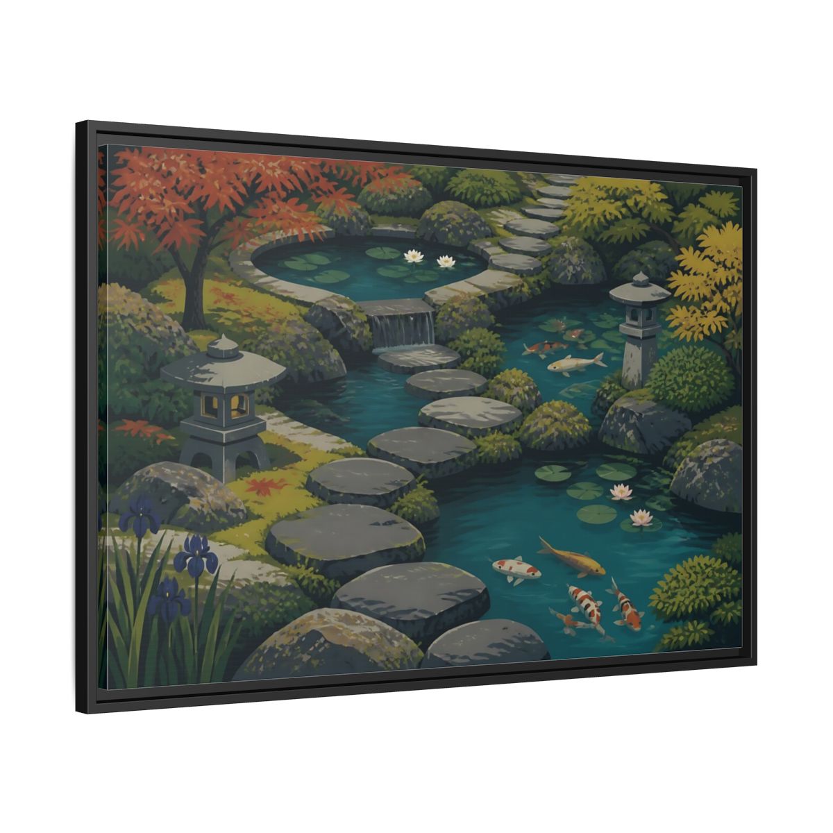 Side Mockup 13. Koi Pond Stepping Stones shown as framed canvas print