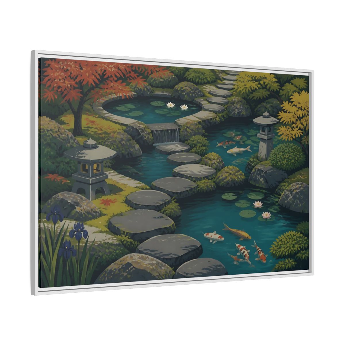 Side Mockup 7. Koi Pond Stepping Stones shown as framed canvas print