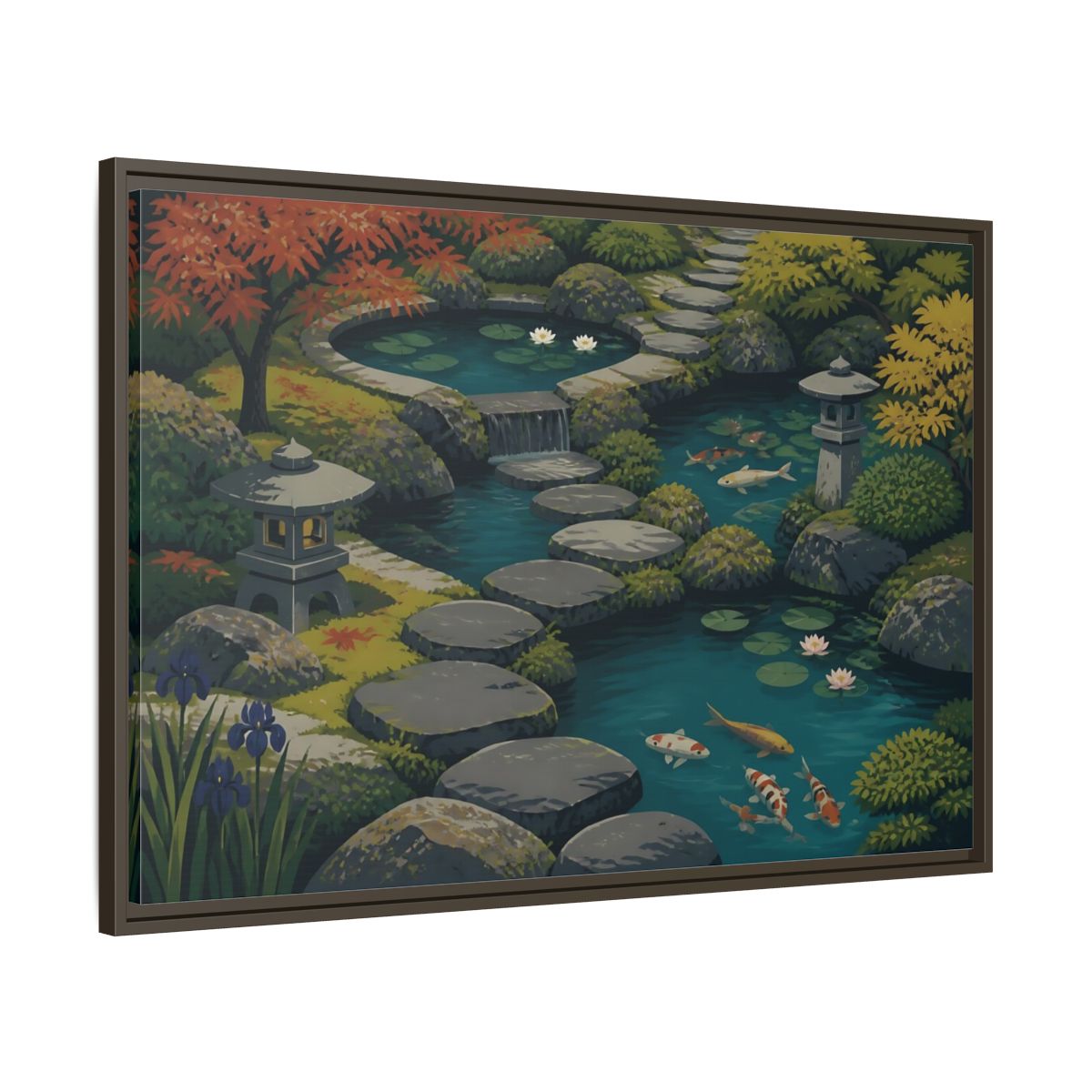 Main Mockup. Koi Pond Stepping Stones shown as framed canvas print
