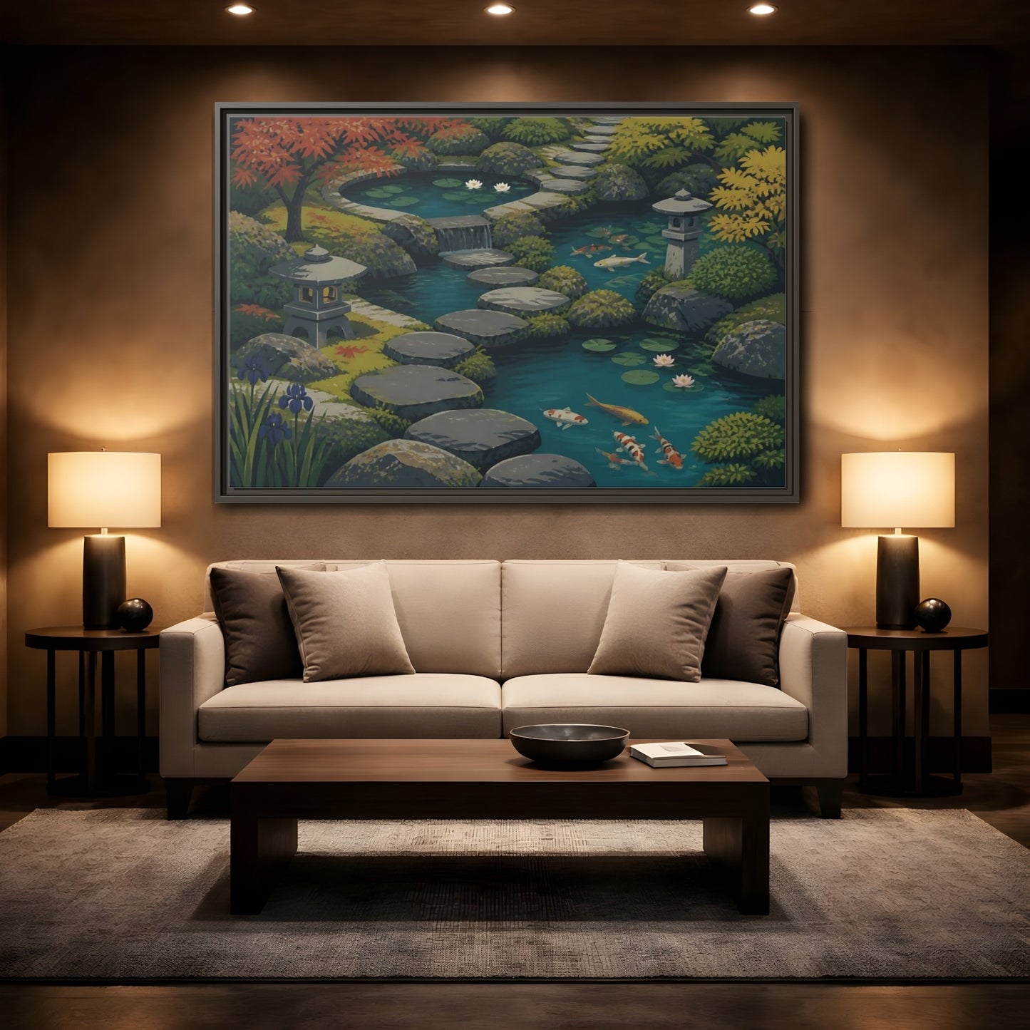 Mockup 2. Koi Pond Stepping Stones shown as framed canvas print