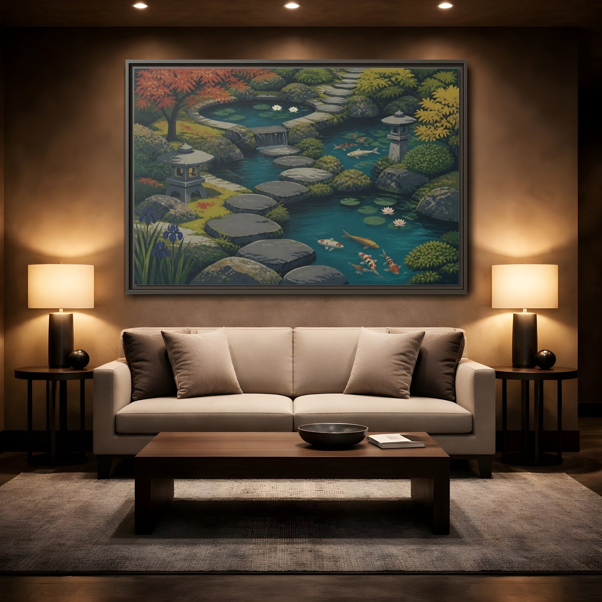 Mockup 2. Koi Pond Stepping Stones shown as framed canvas print