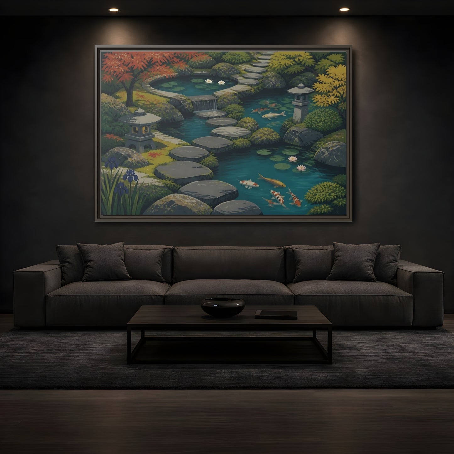 Mockup 3. Koi Pond Stepping Stones shown as framed canvas print